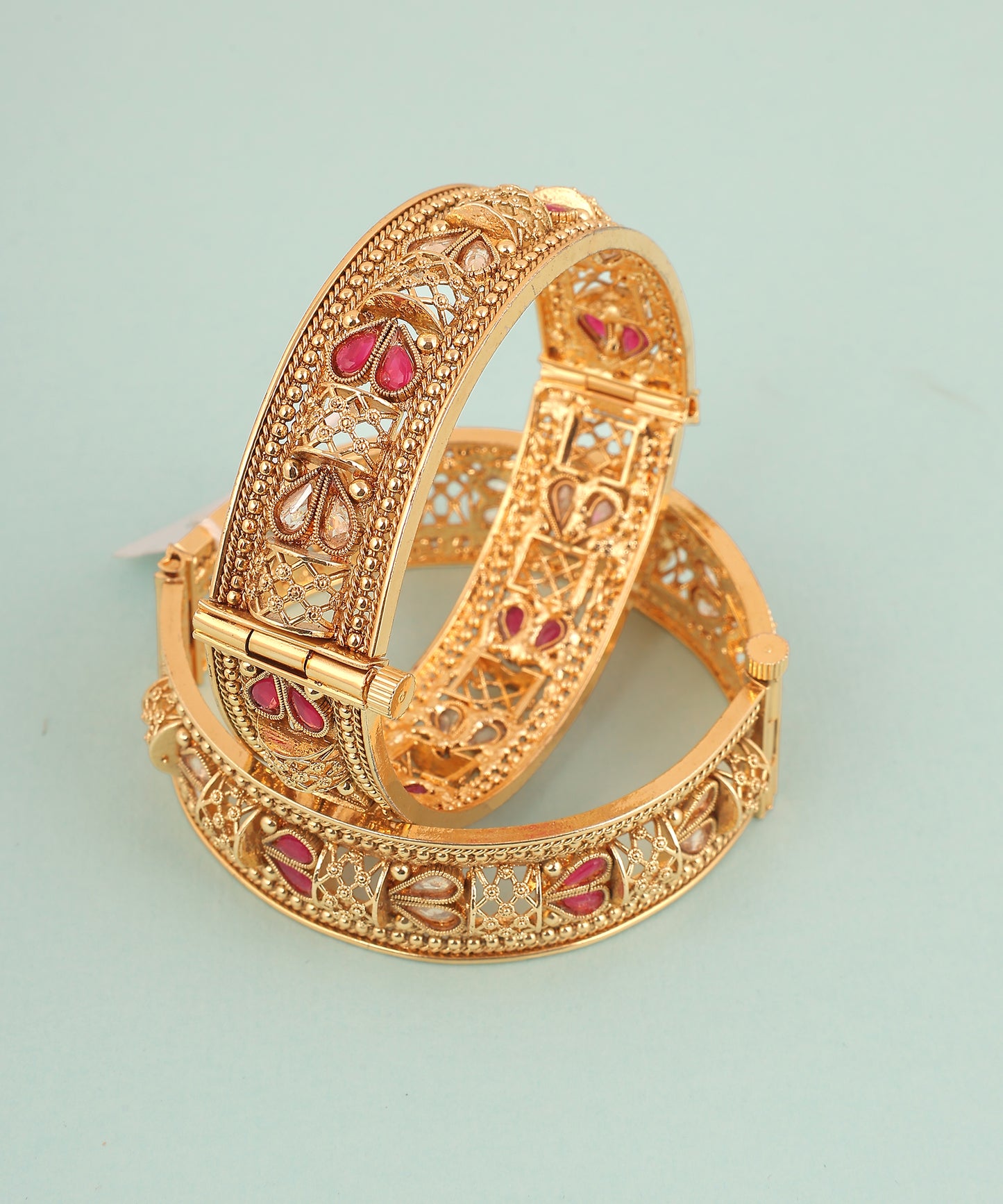 Gold plated Kundan bangles with Pink stone