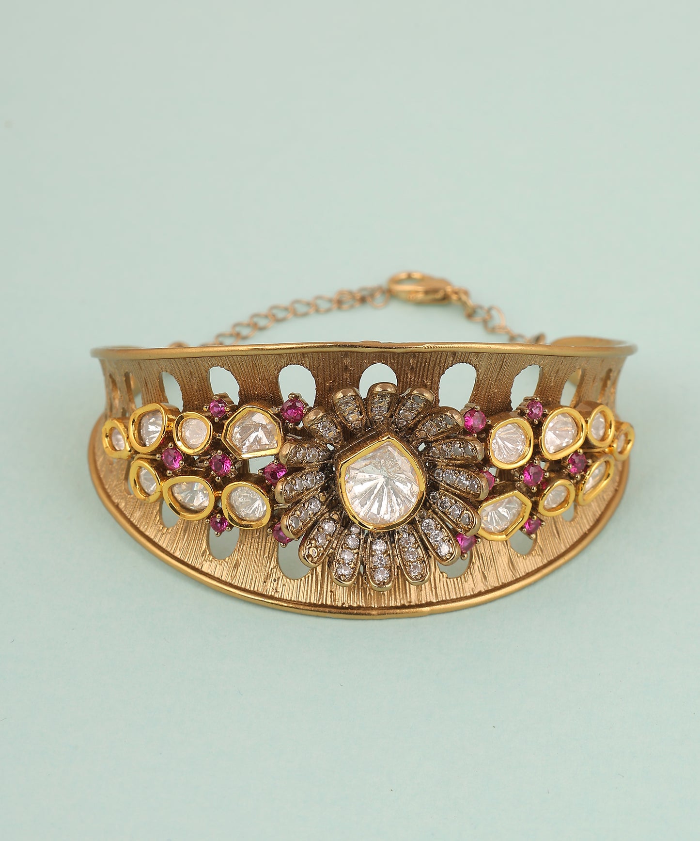Brass Polki And Pink Stones Floral Bracelet