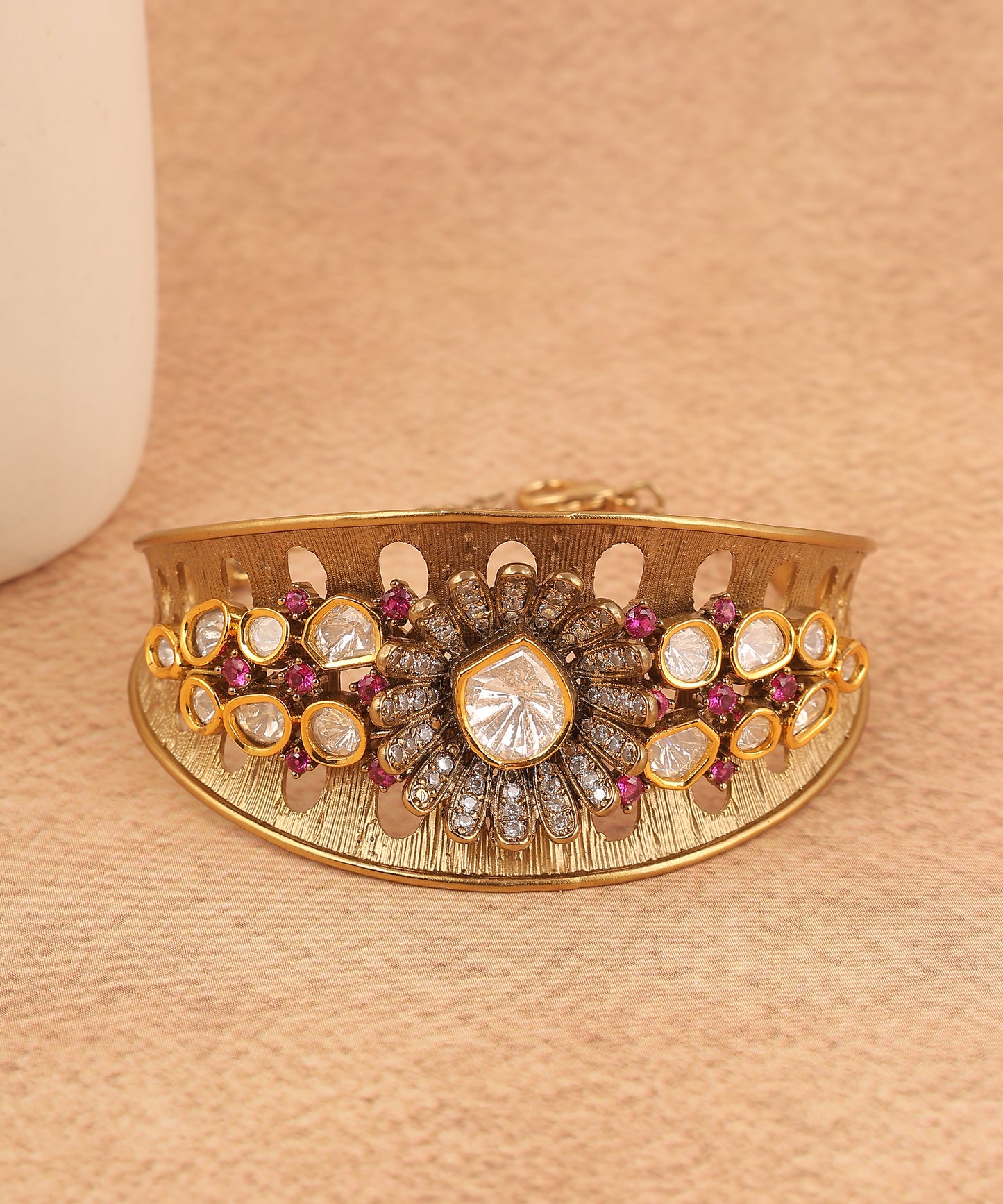 Brass Polki And Pink Stones Floral Bracelet