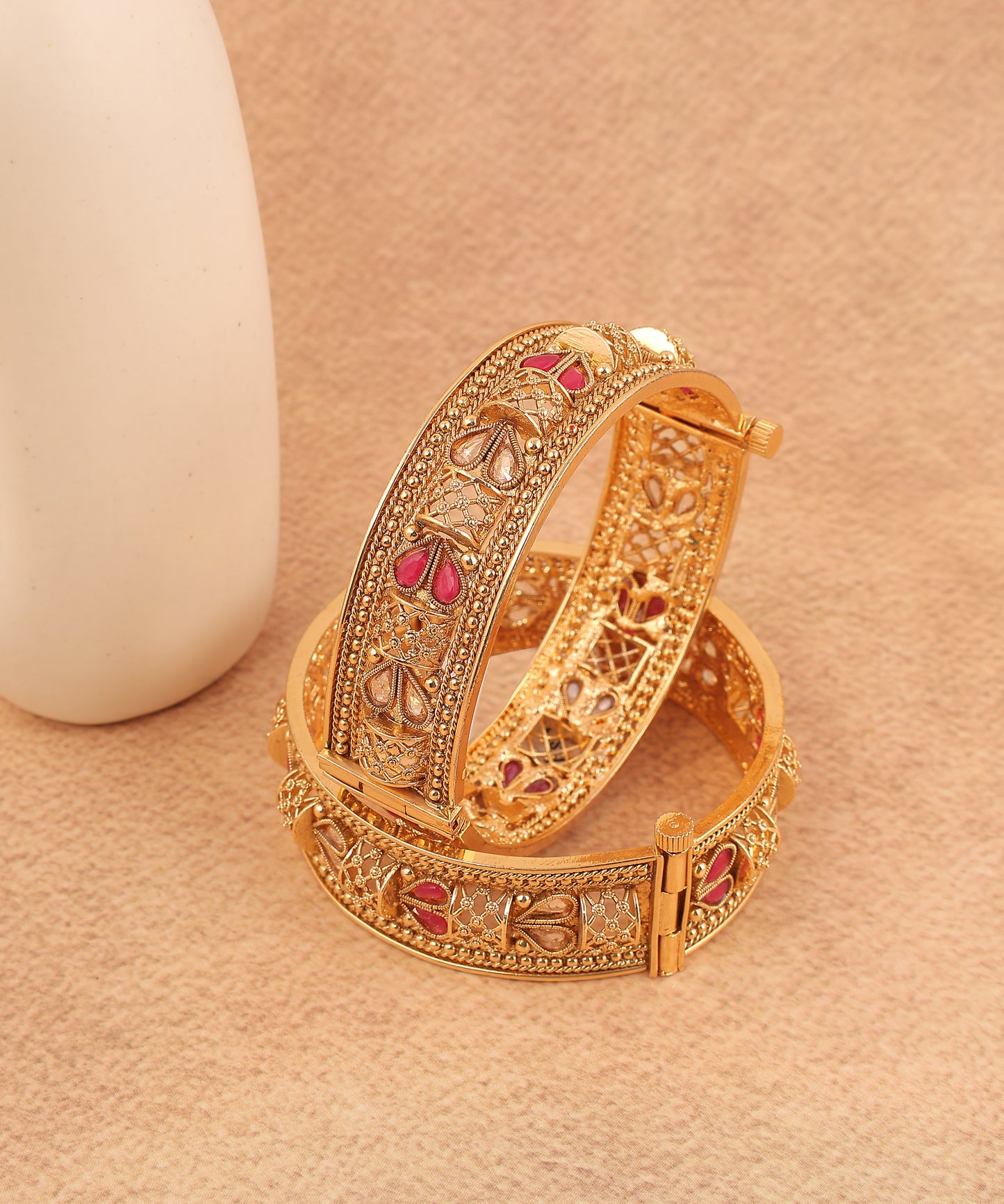 Gold plated Kundan bangles with Pink stone