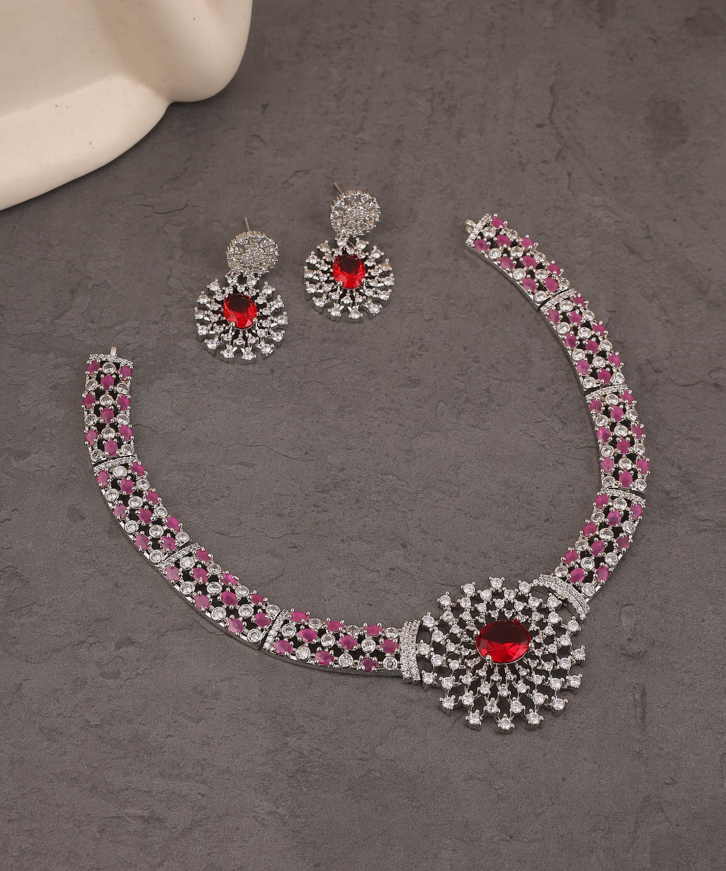Pink And Ruby Crystal Studded Artificial Diamond Necklace Set