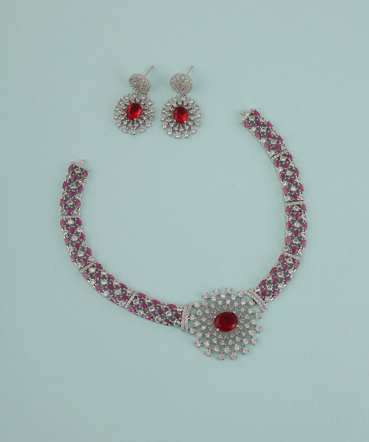 Pink And Ruby Crystal Studded Artificial Diamond Necklace Set