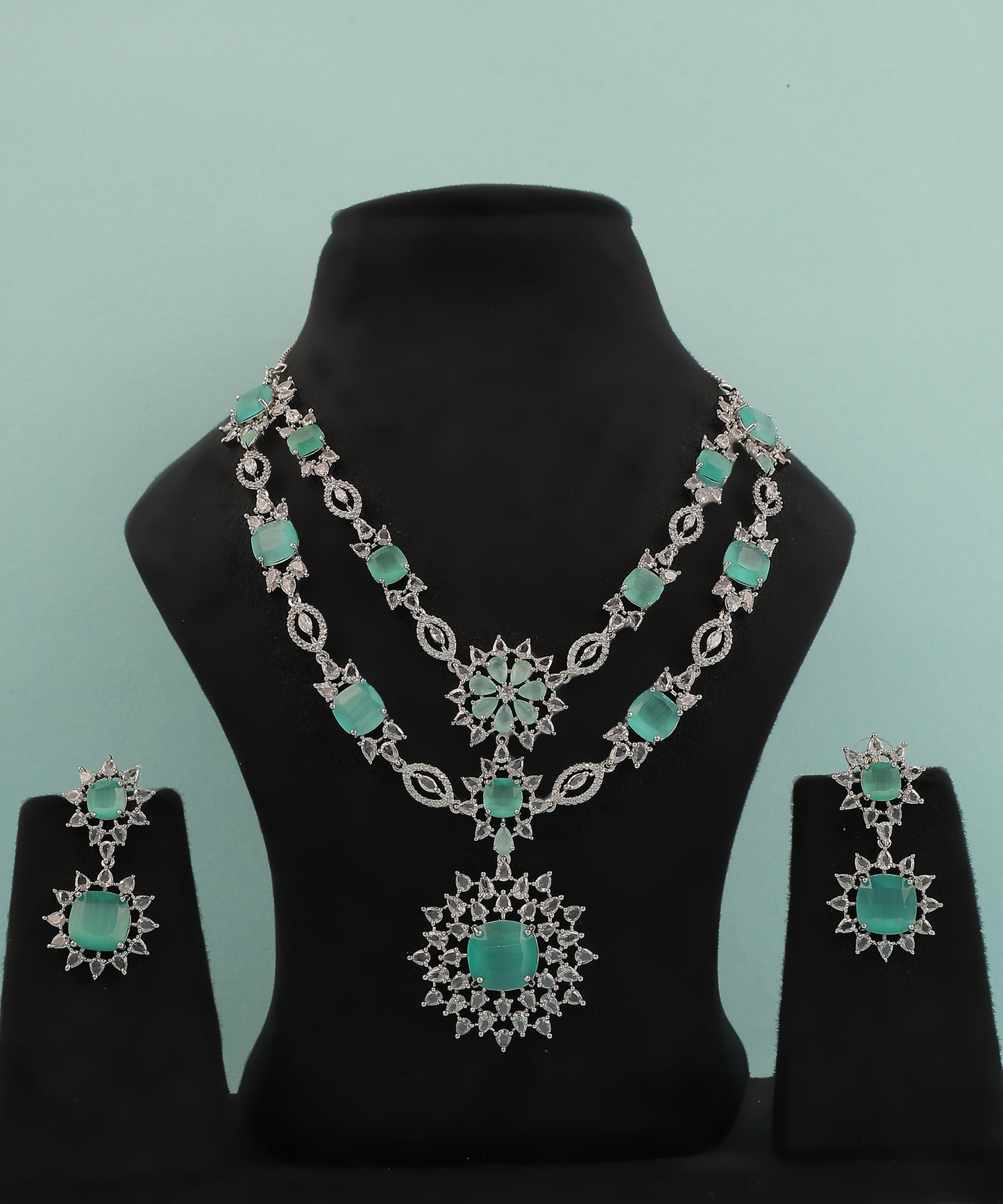 Sea Green Double Layered Floral Artificial Diamond Necklace Set