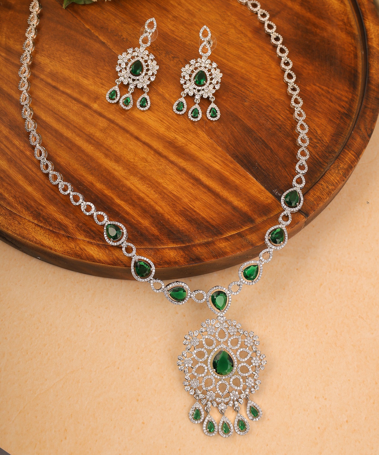 Floral Emerald And Artificial Diamond Necklace Set