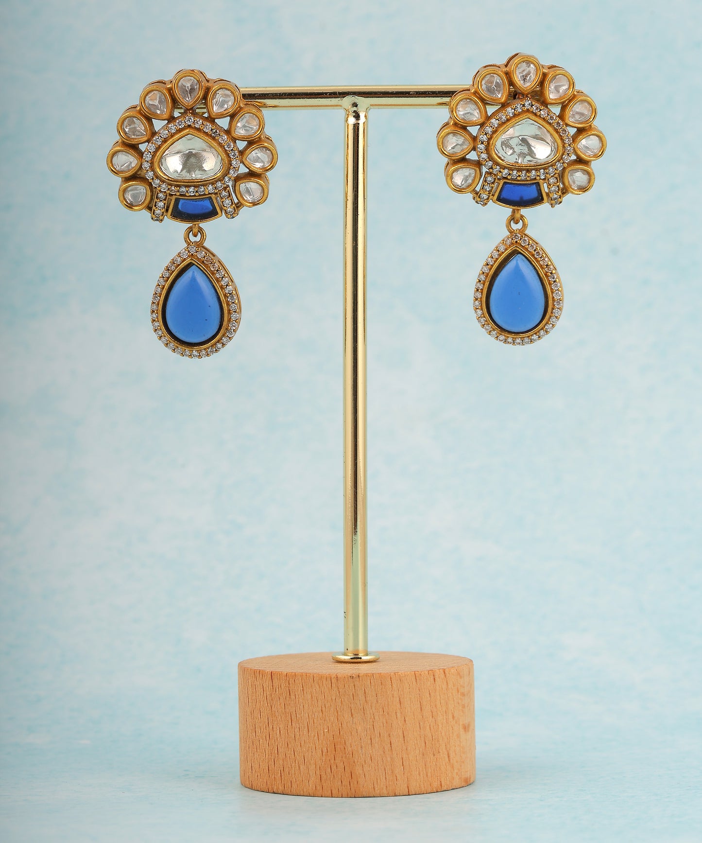 Polki And Blue Doublet Stone Drop Earrings