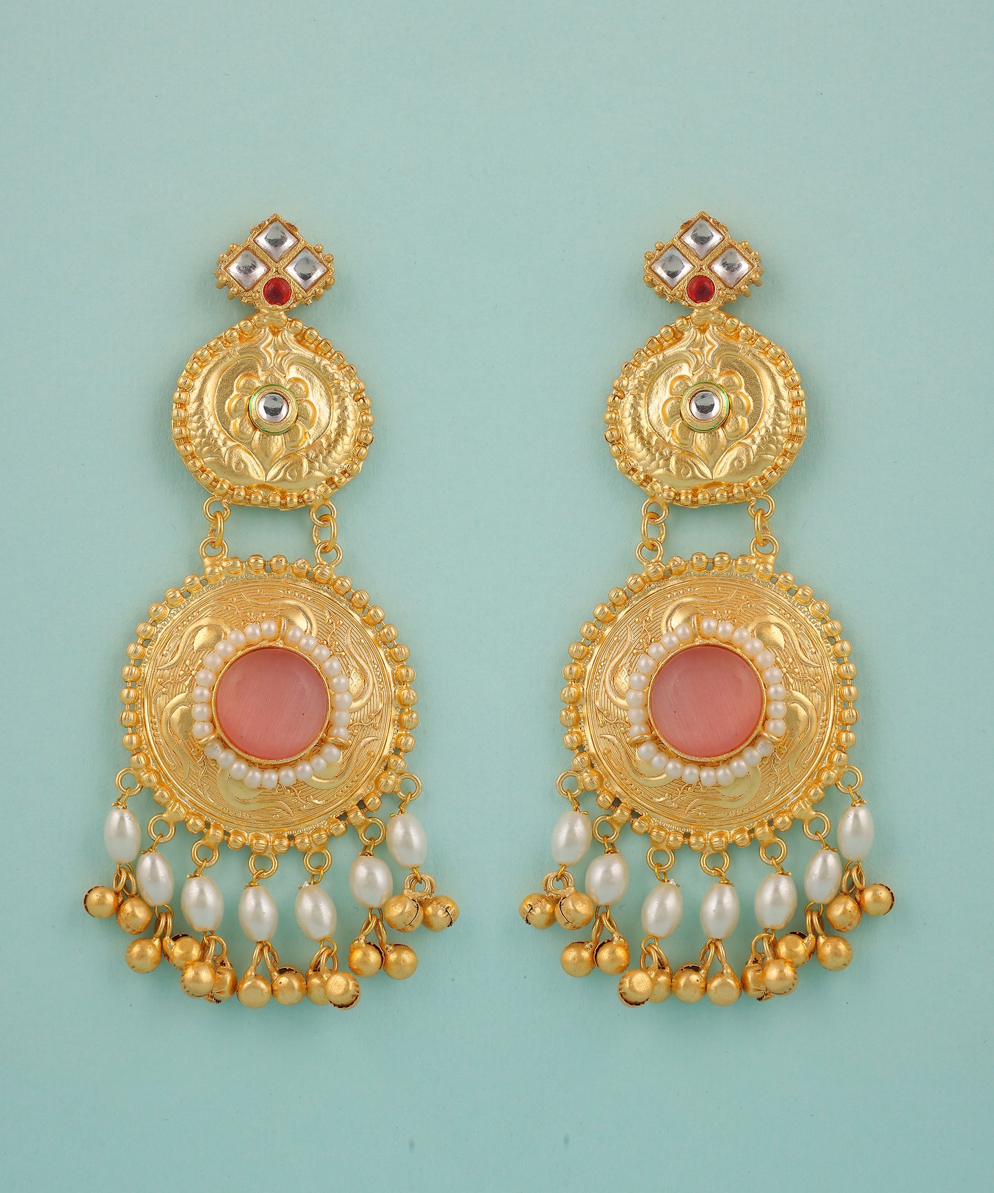 Pink Kundan And Pearl Long Earrings