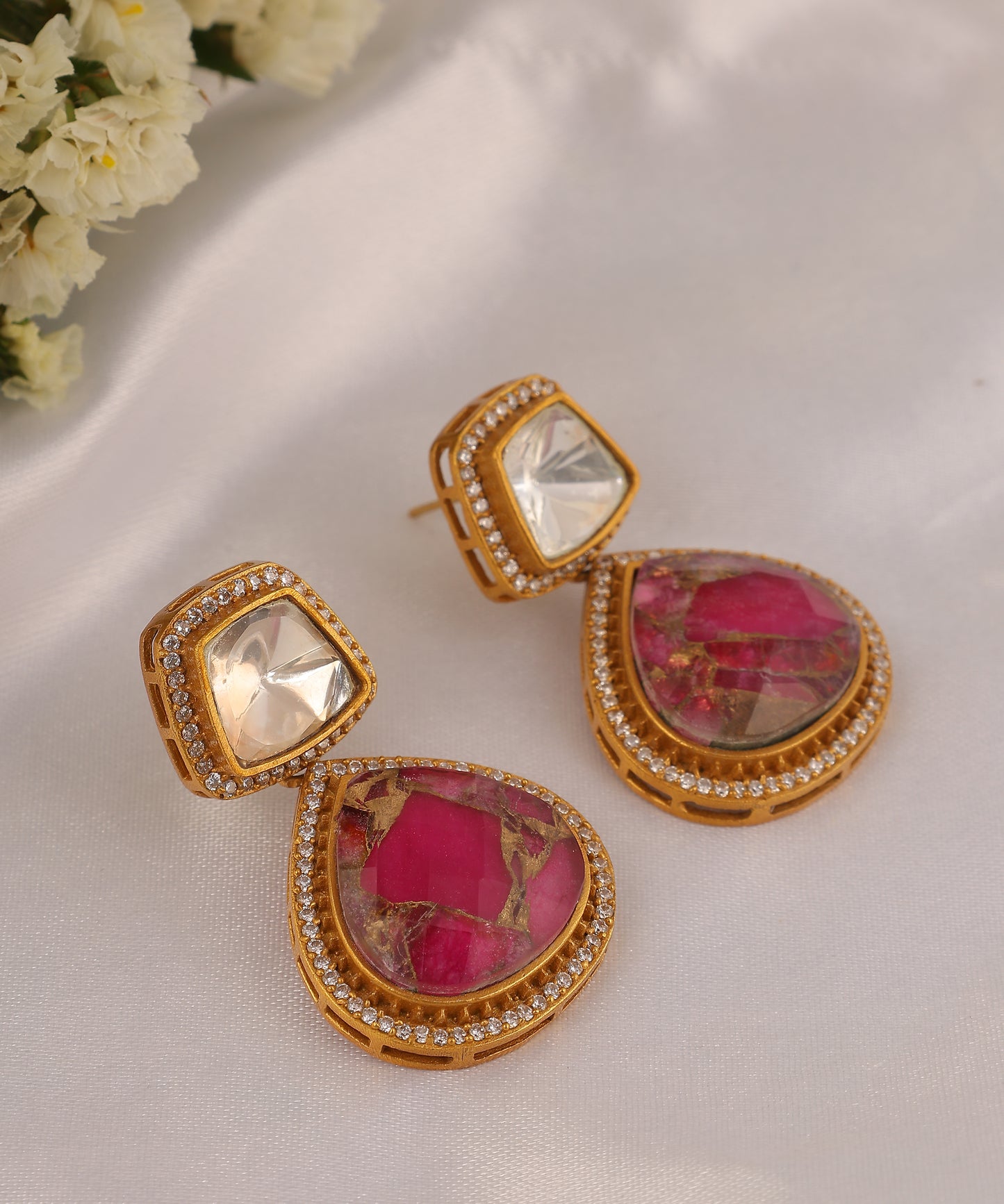 Polki And Pink Doublet Stone Earrings