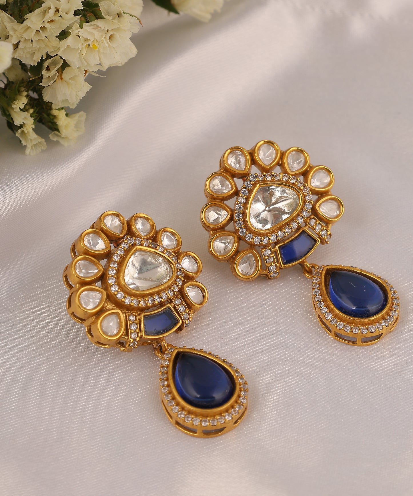 Polki And Blue Doublet Stone Drop Earrings