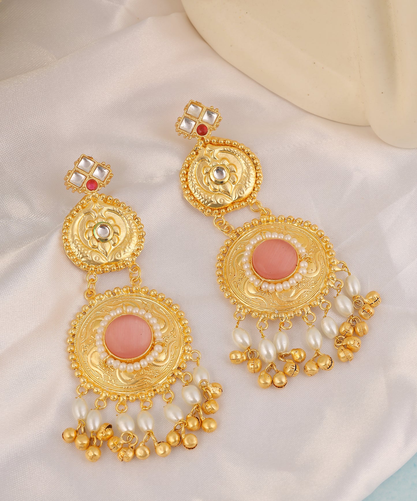 Pink Kundan And Pearl Long Earrings