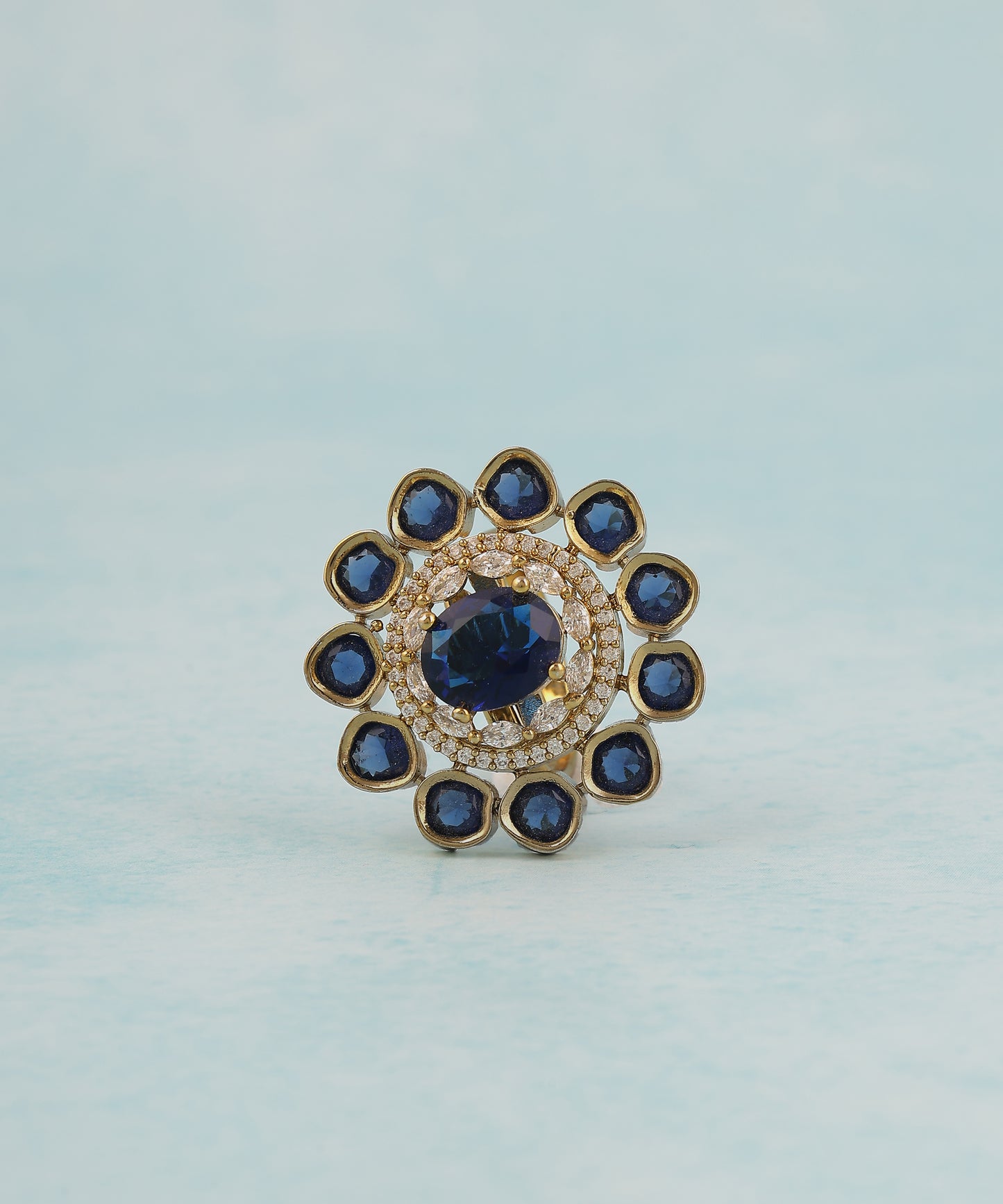 Oxidised Gold Polki Studded Ring