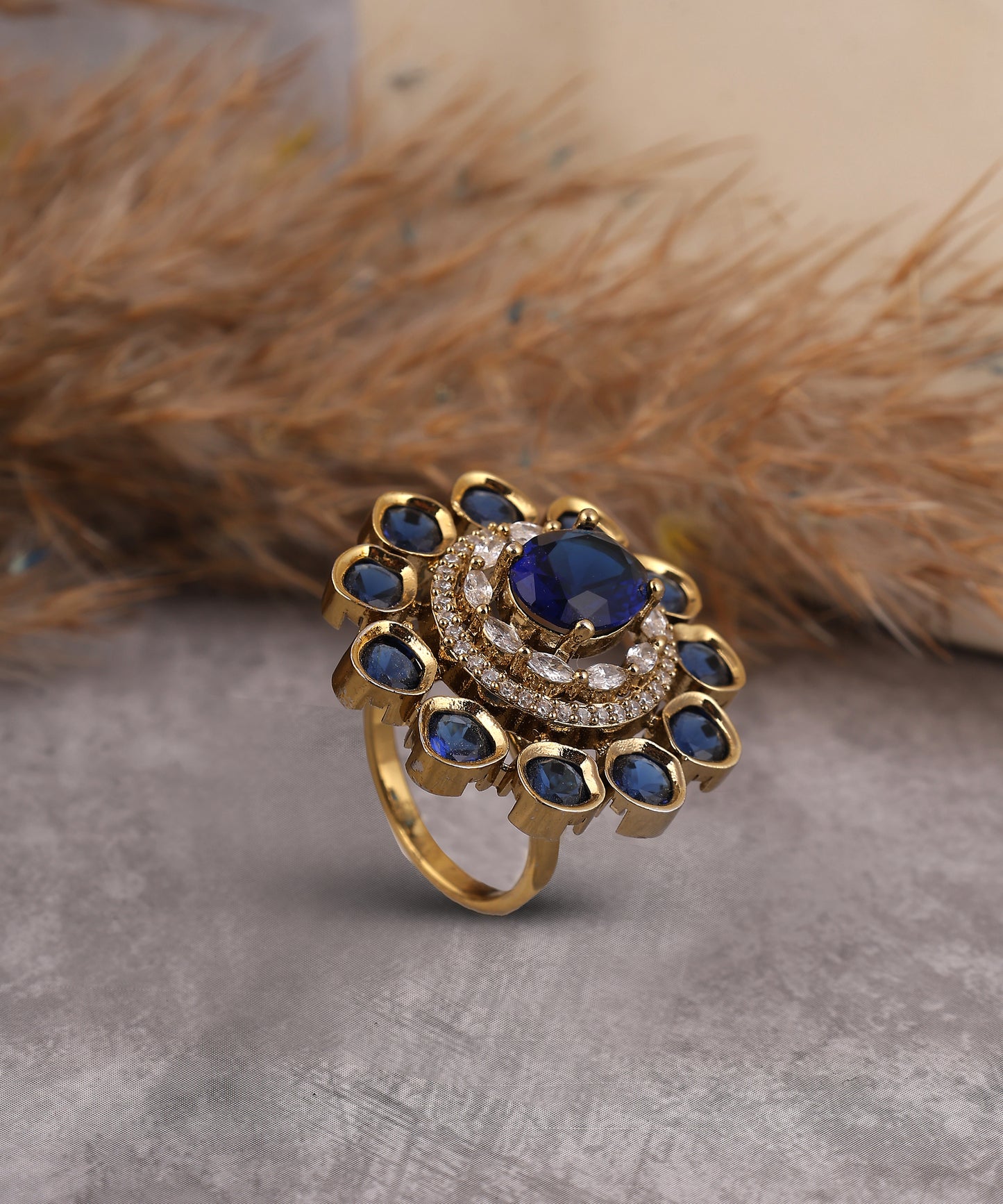 Oxidised Gold Polki Studded Ring