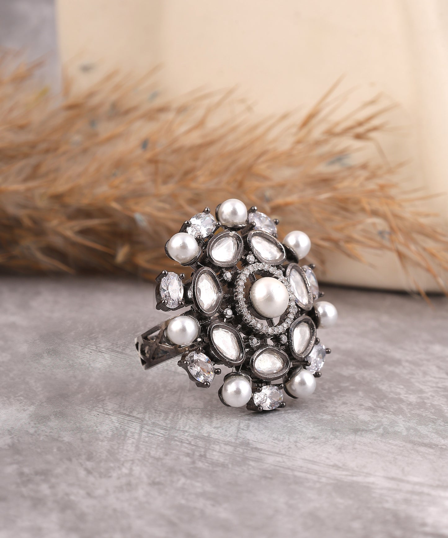 Oxidised Silver Crystal And Pearl Ring
