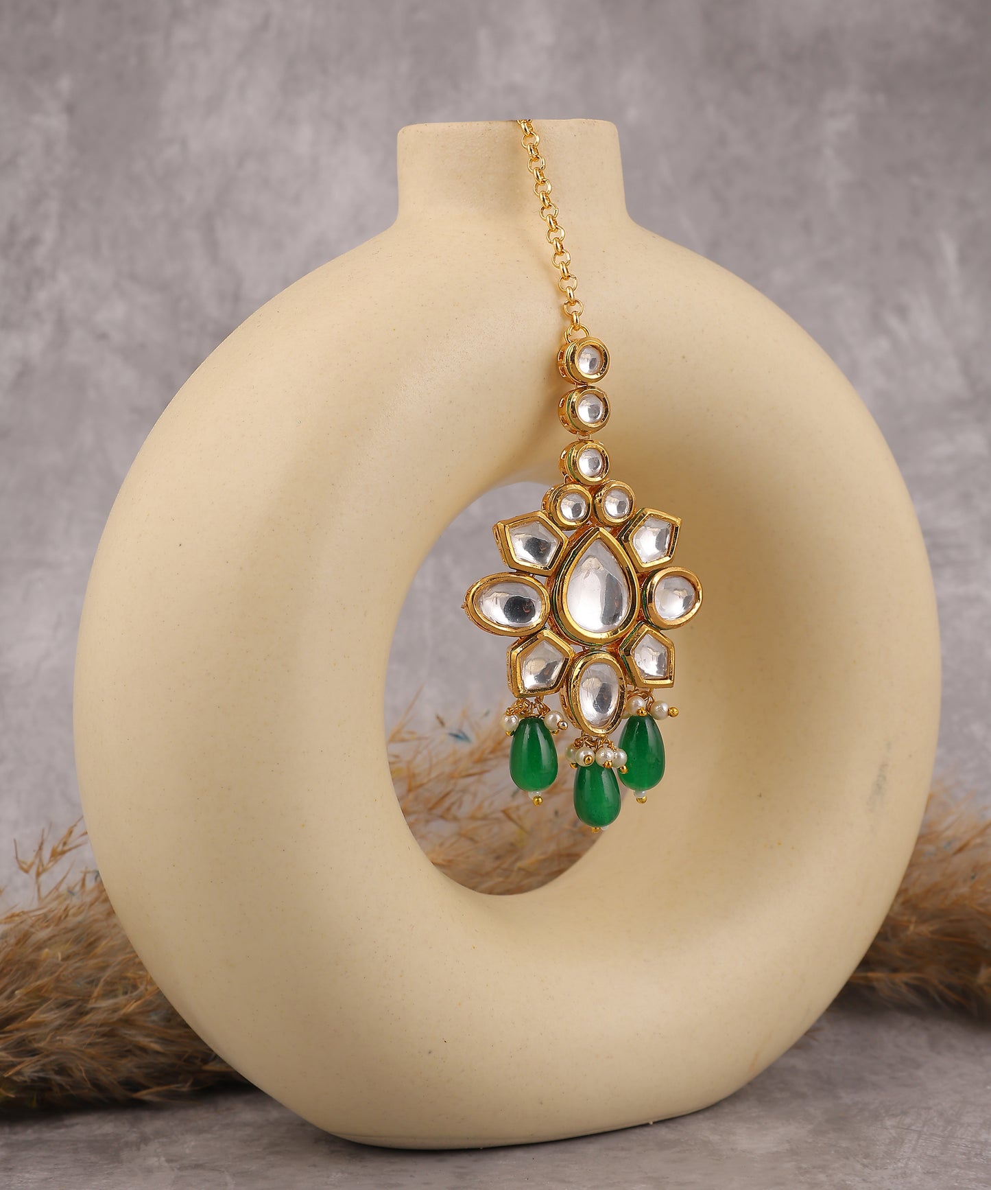 Kundan And Green Drops Maangtikka