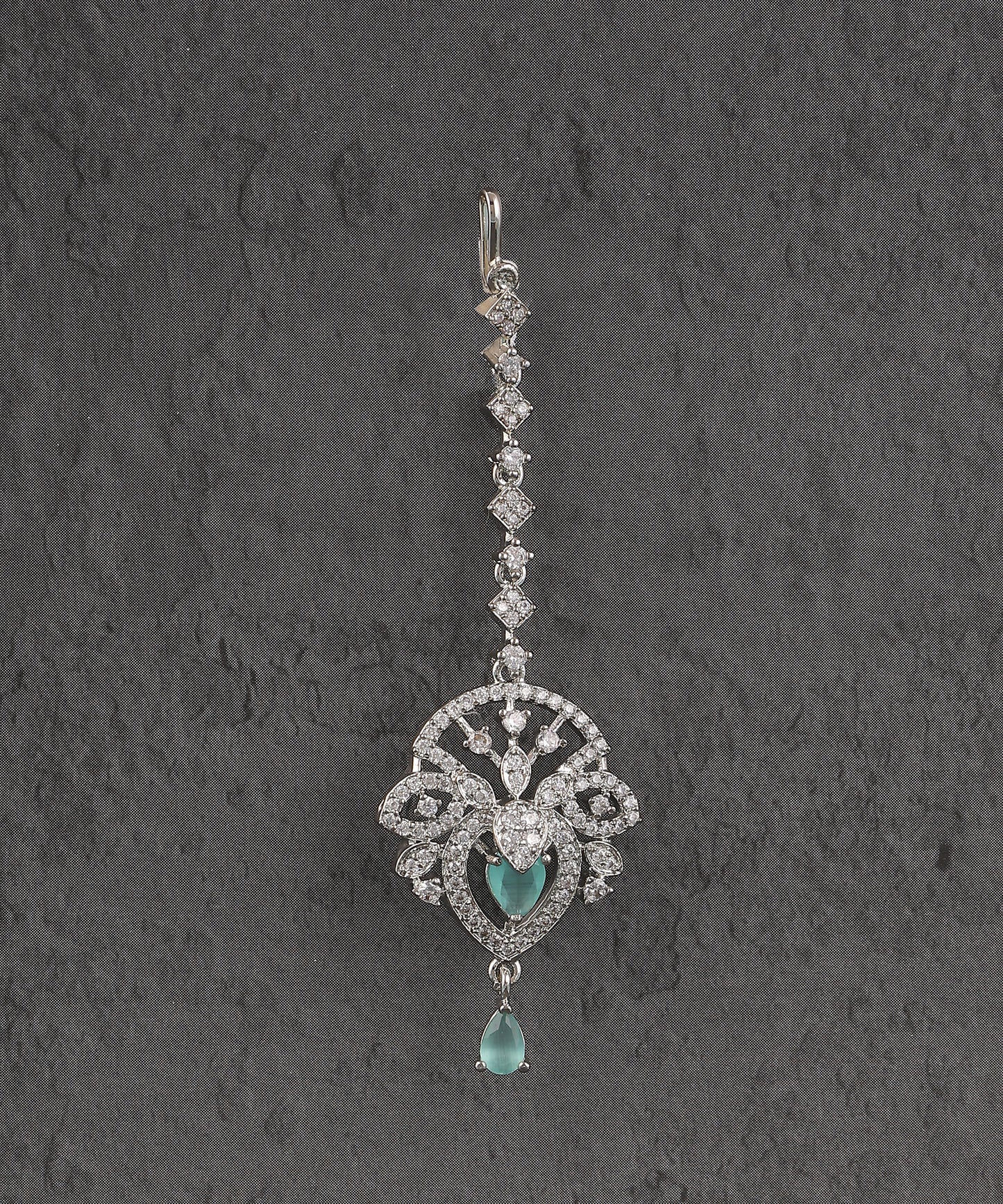 Artificial Diamond Maangtikka With Sea Green Drop