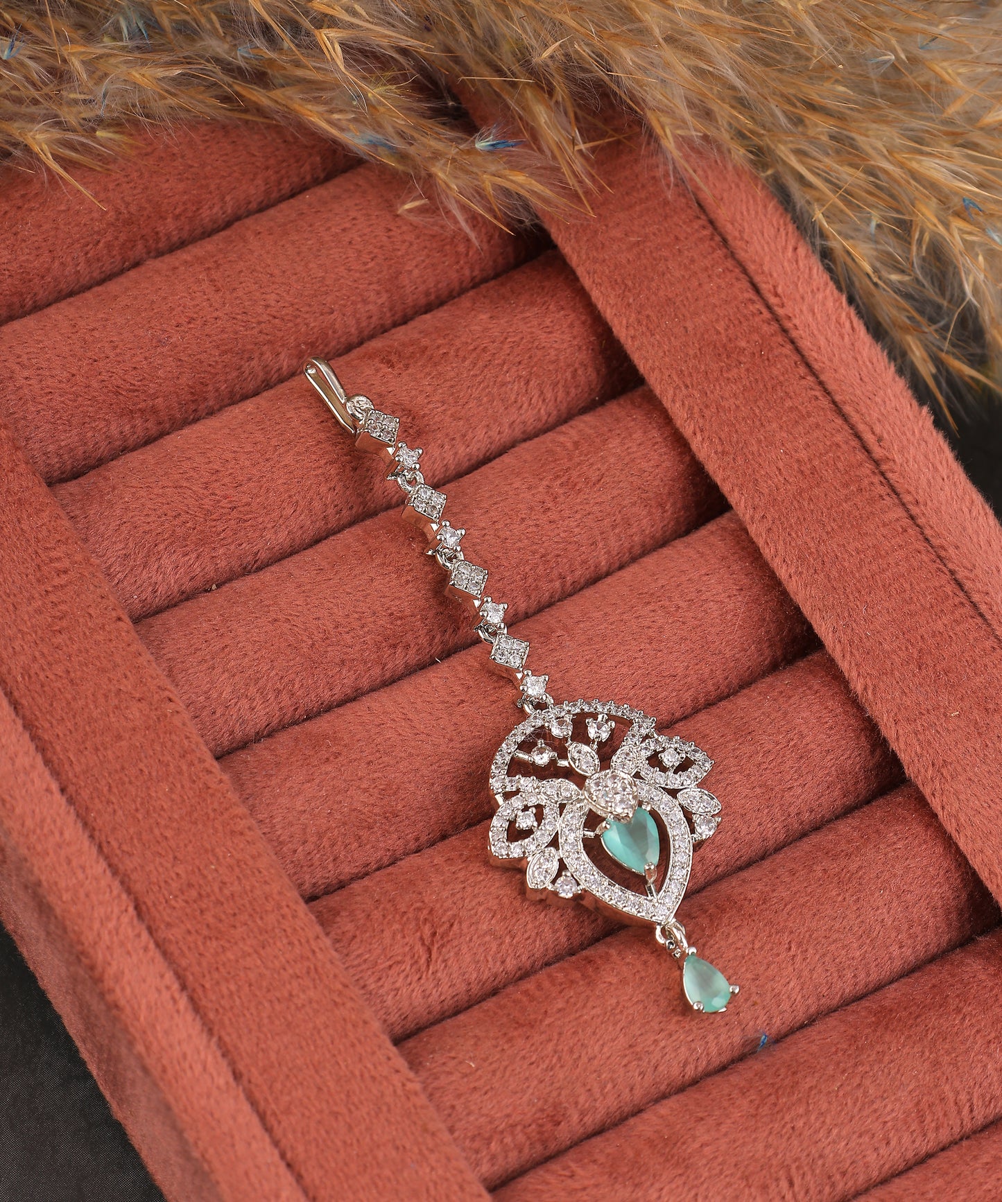 Artificial Diamond Maangtikka With Sea Green Drop