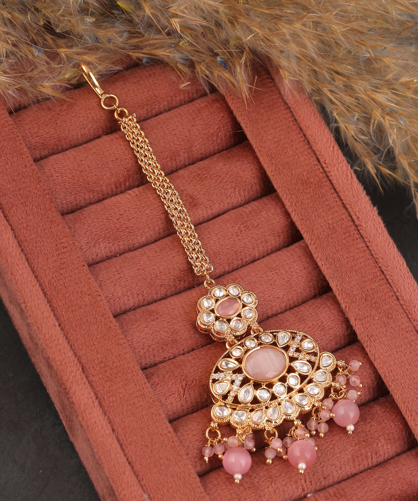 Polki Maangtikka With Baby Pink Drops
