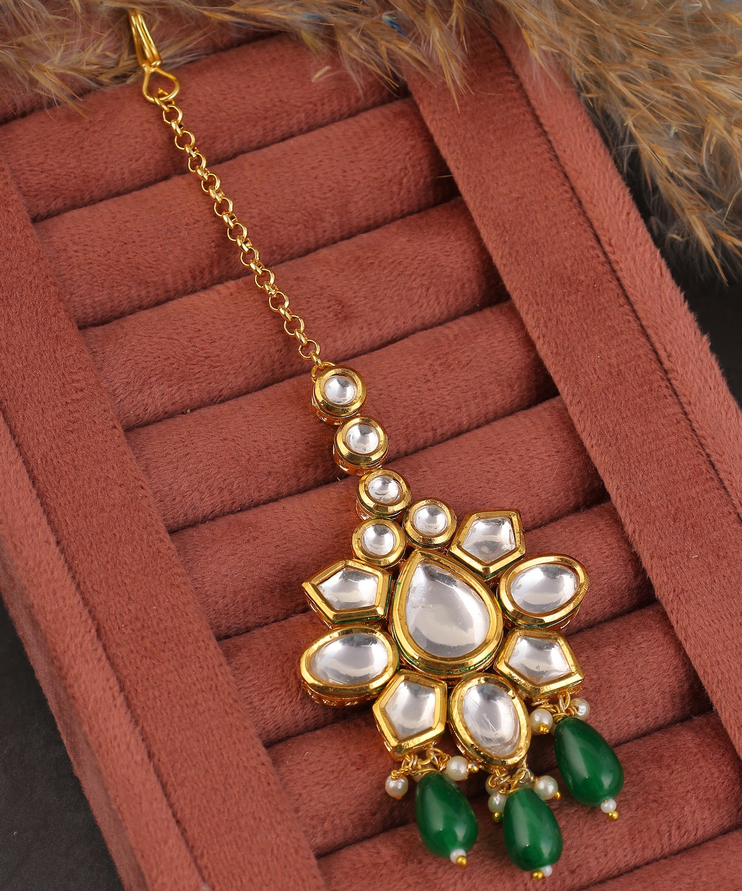 Kundan And Green Drops Maangtikka