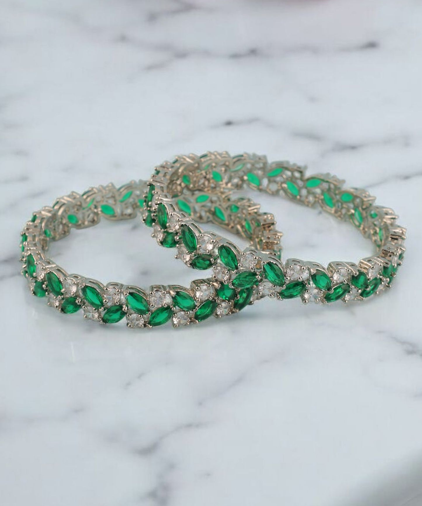 Emerald Stone And Crystal Studded Artificial Diamond Bangles