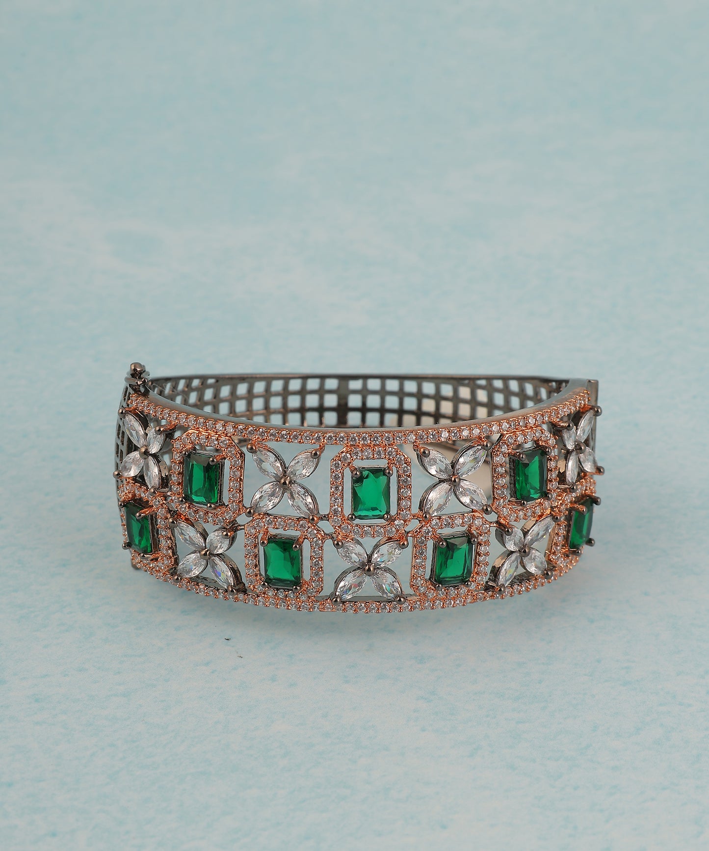 Emerald And Crystal Embellished Metal Bracelet With Rose Gold Finish