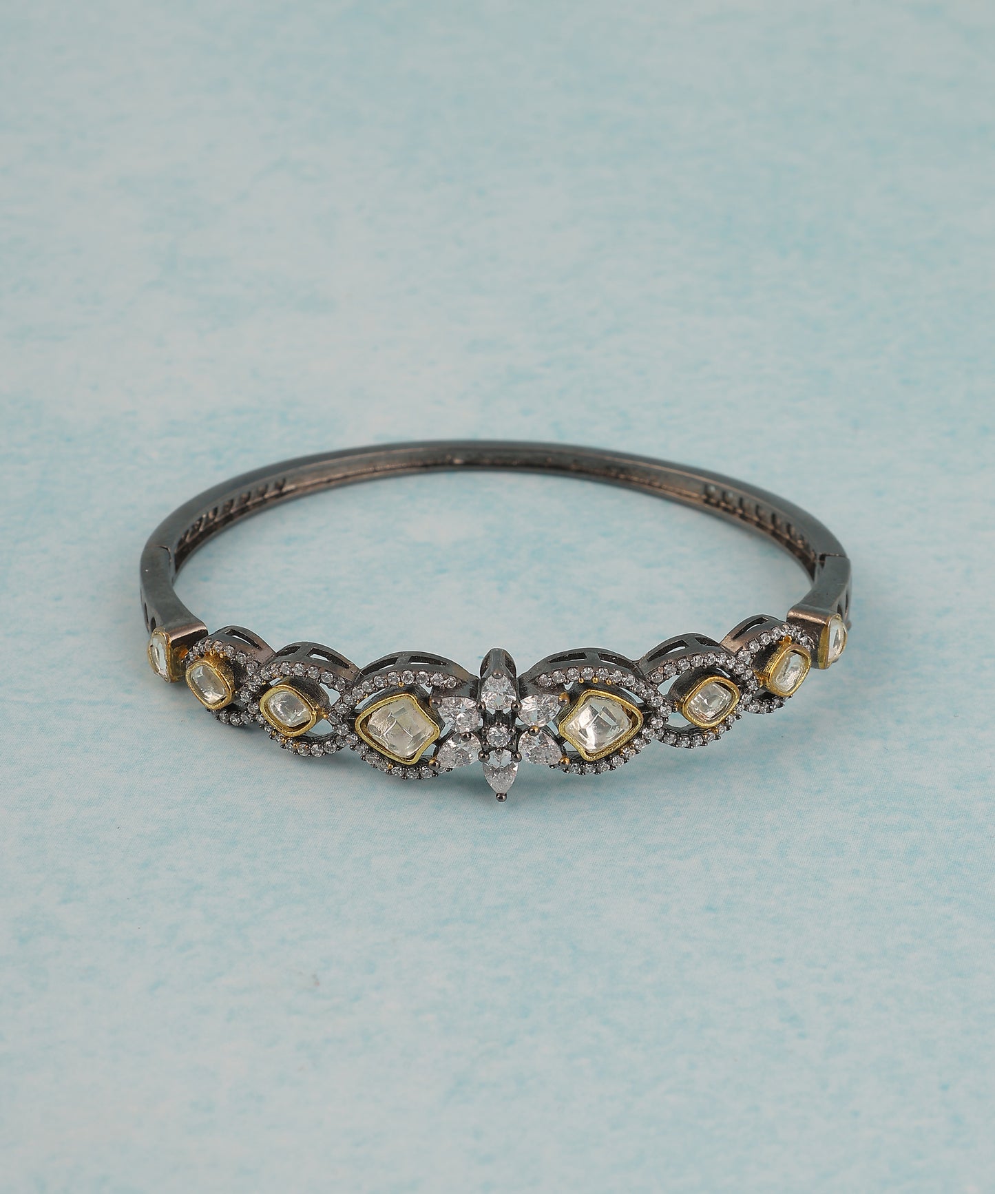 Polki And Crystal Embellished Bracelet In Oxidised Gold Plating