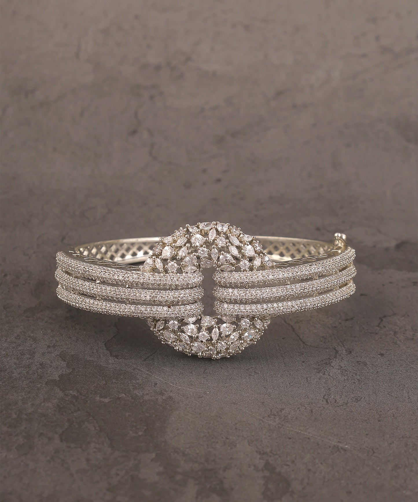 Designer Nano Stones And Crystal Studded Silver Toned Bracelet