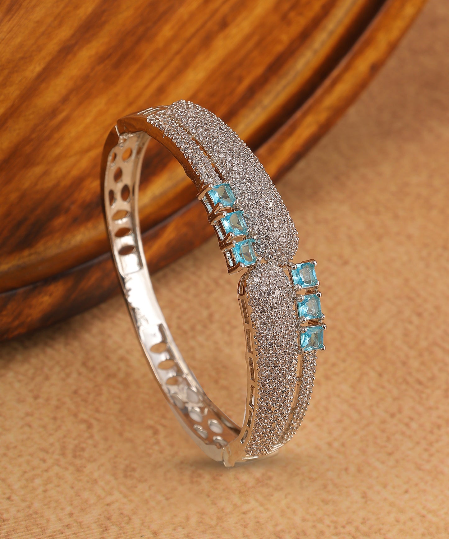 Light Blue And Nano Stones Studded Silver Toned Bracelet