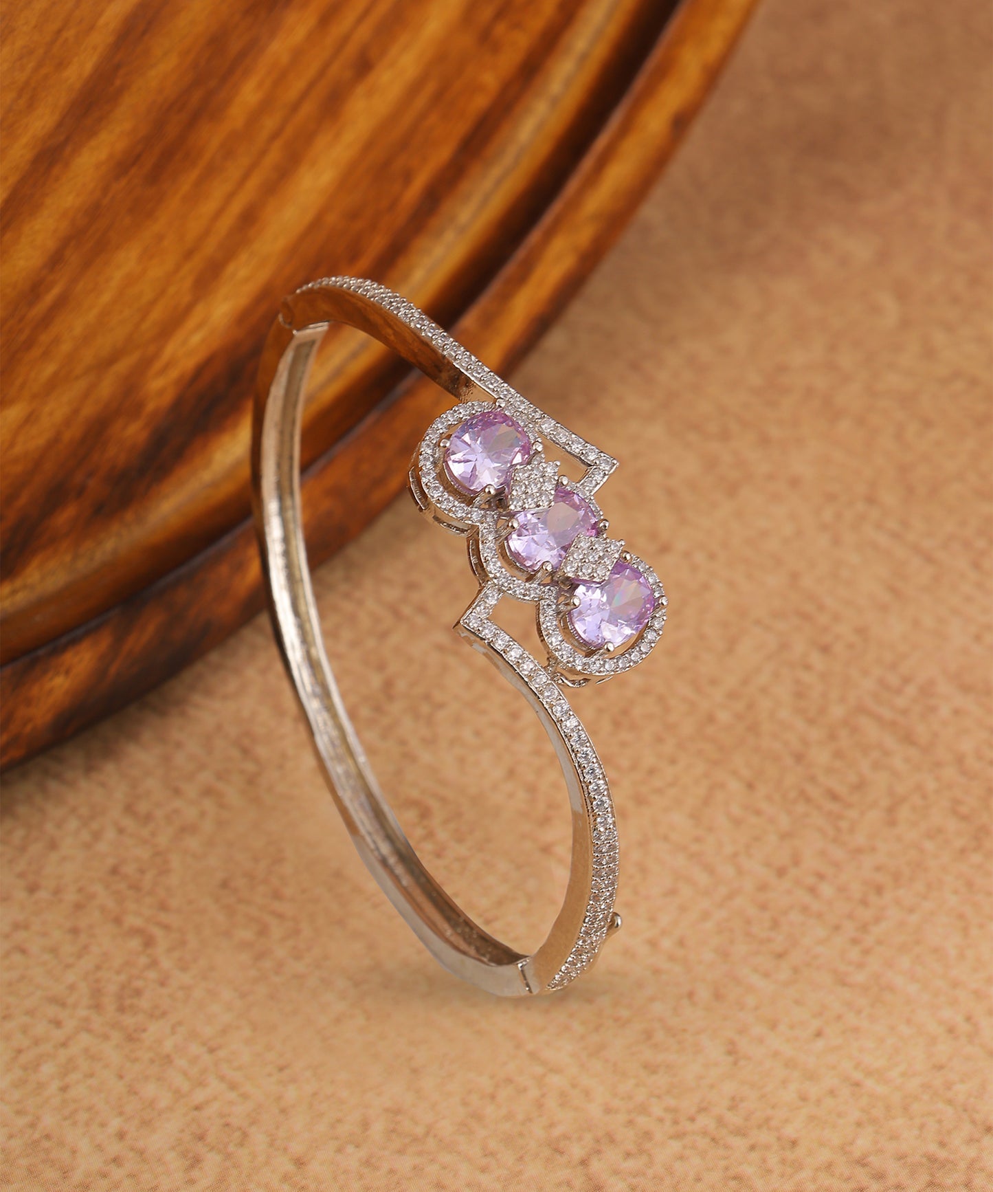 Violet Stone And Crystal Studded Silver Toned Bracelet
