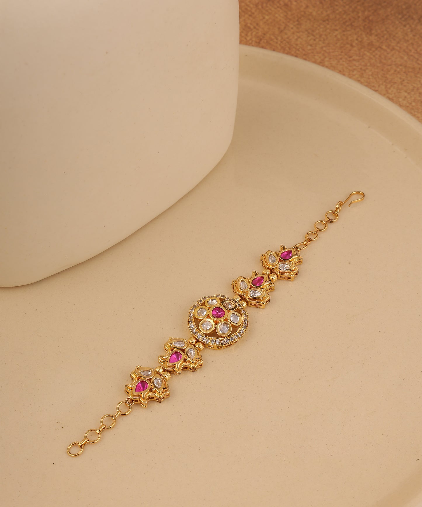 Pink Polki And Stone Studded Chain Bracelet