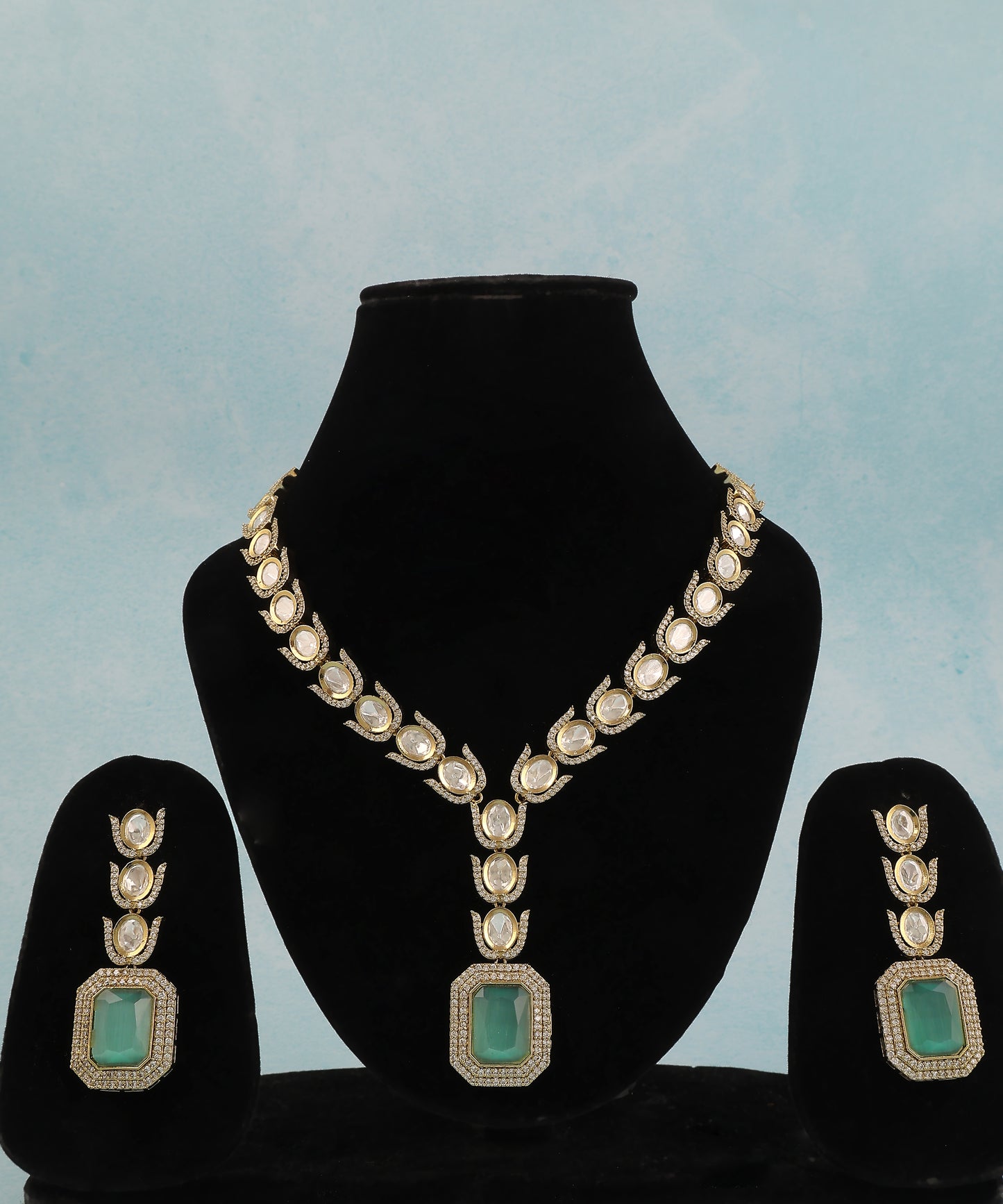 Myra Necklace Featuring Polki Stones And Teal Drop