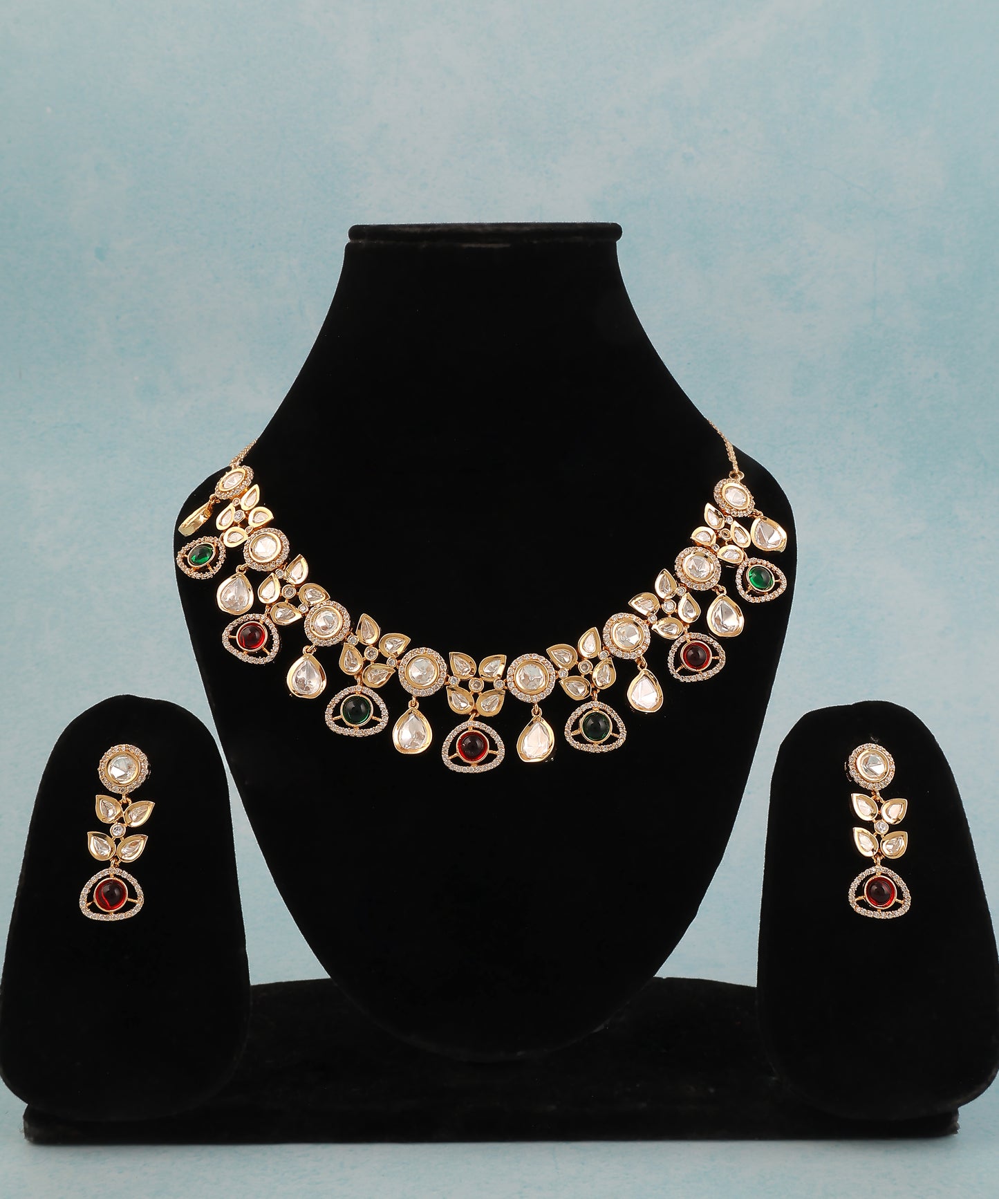 Polki Multicoloured Neckace With Drop Earrings