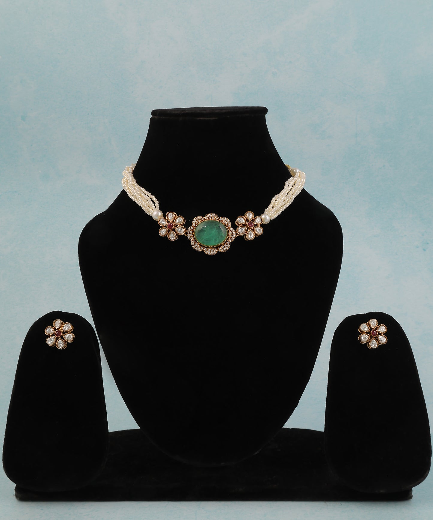 Flower Choker/Necklace With Centre Teal Stone