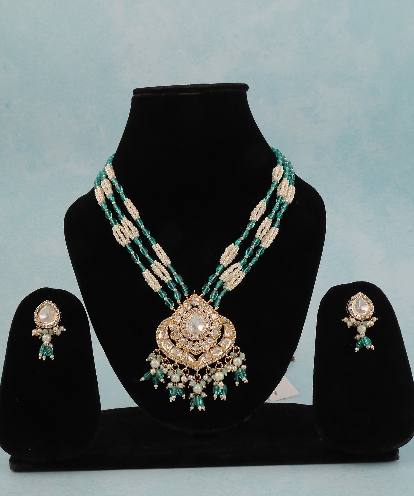 Chandrika Long Necklace Featuring Polki Pendant And Sea Green And White Stone Beaded Strings