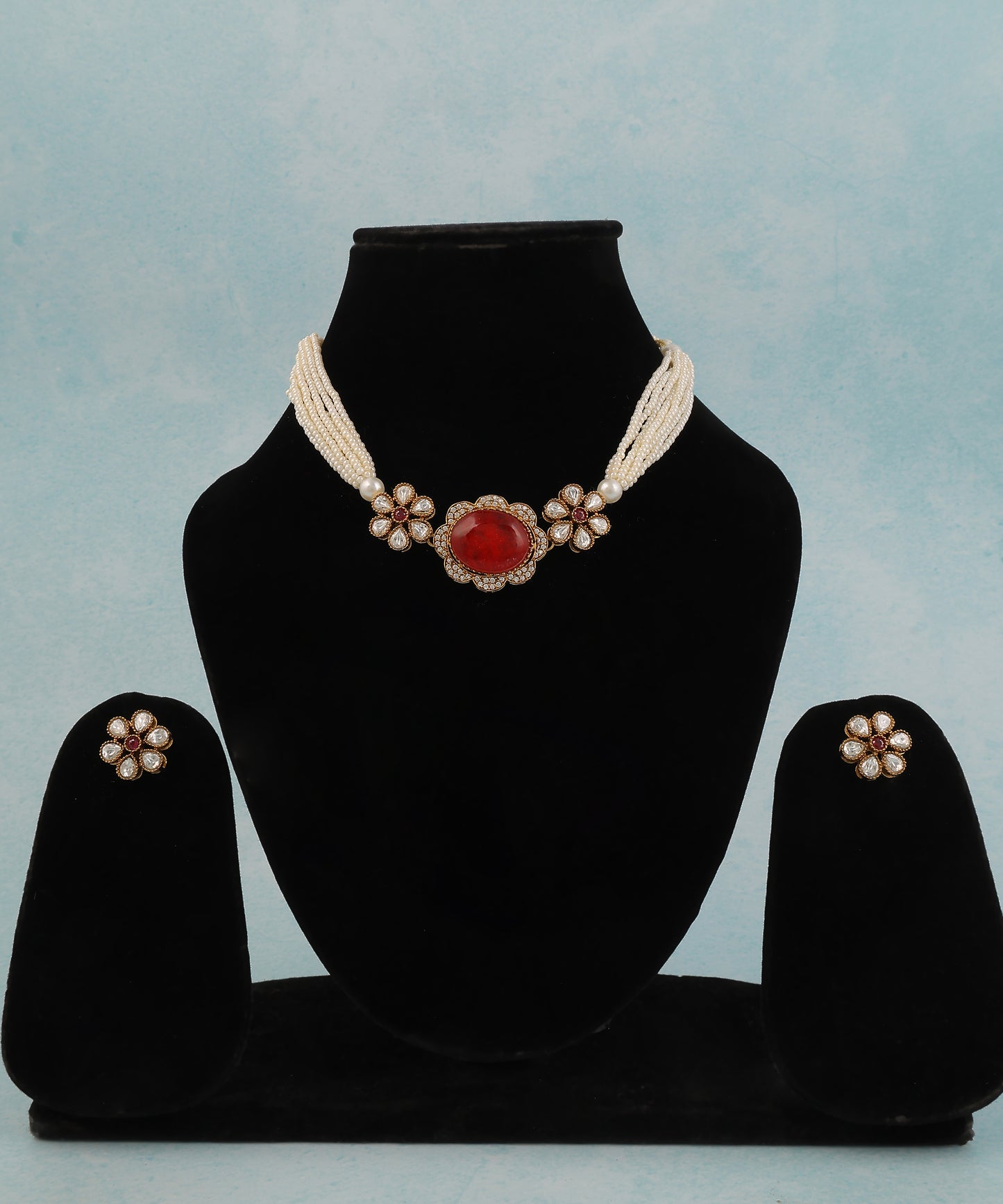Ruby Flower Choker With Pearl Strings