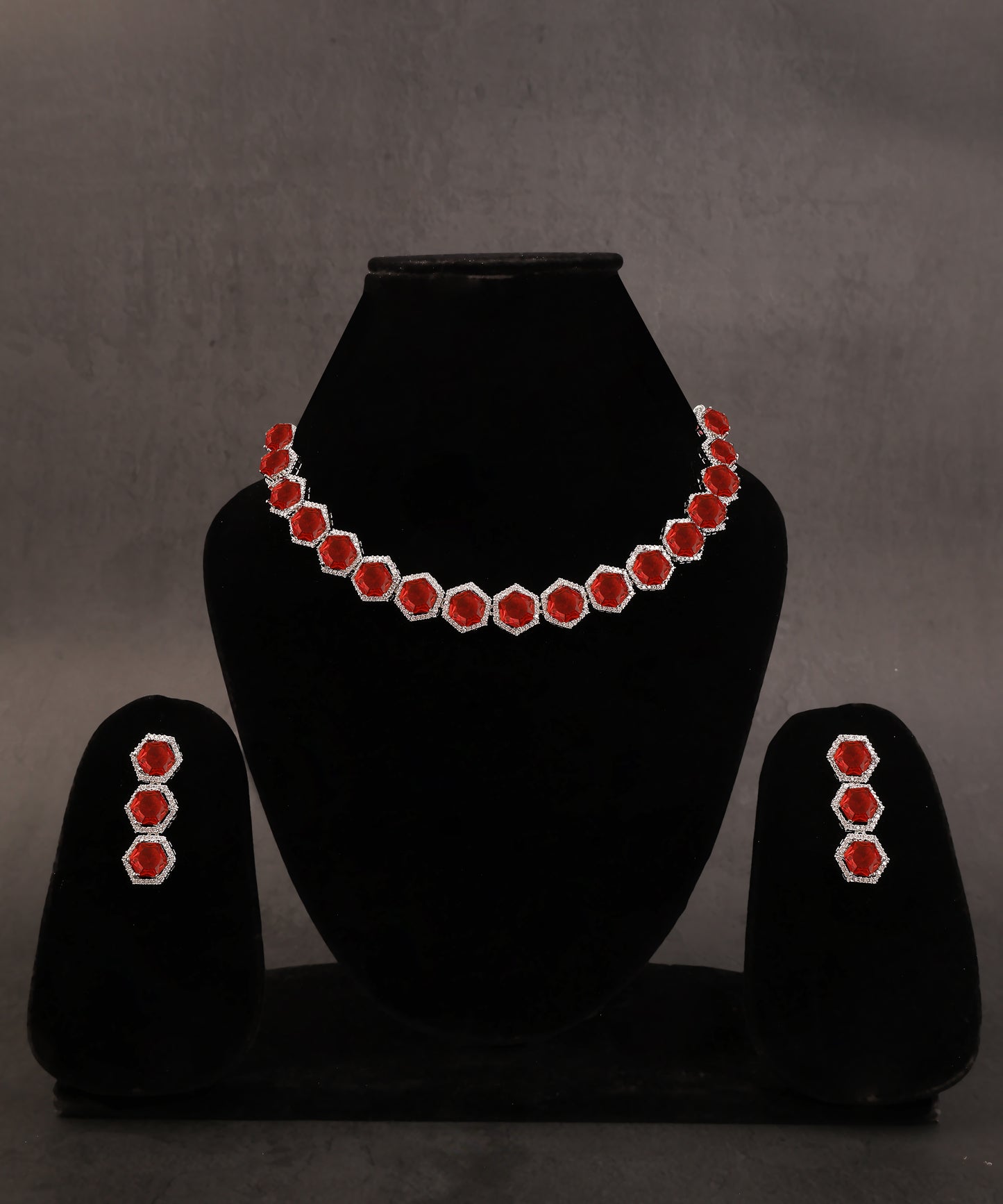 Geometrical Patterned Ruby Stones And Crystal Studded Necklace