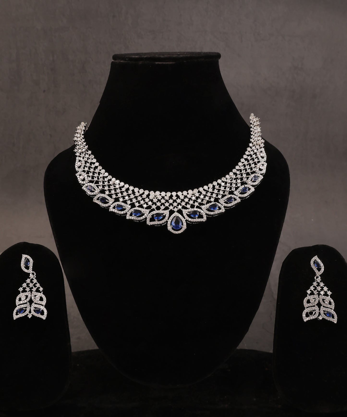 Netted Patterned Sapphire Stone Studded Artificial Diamond Necklace
