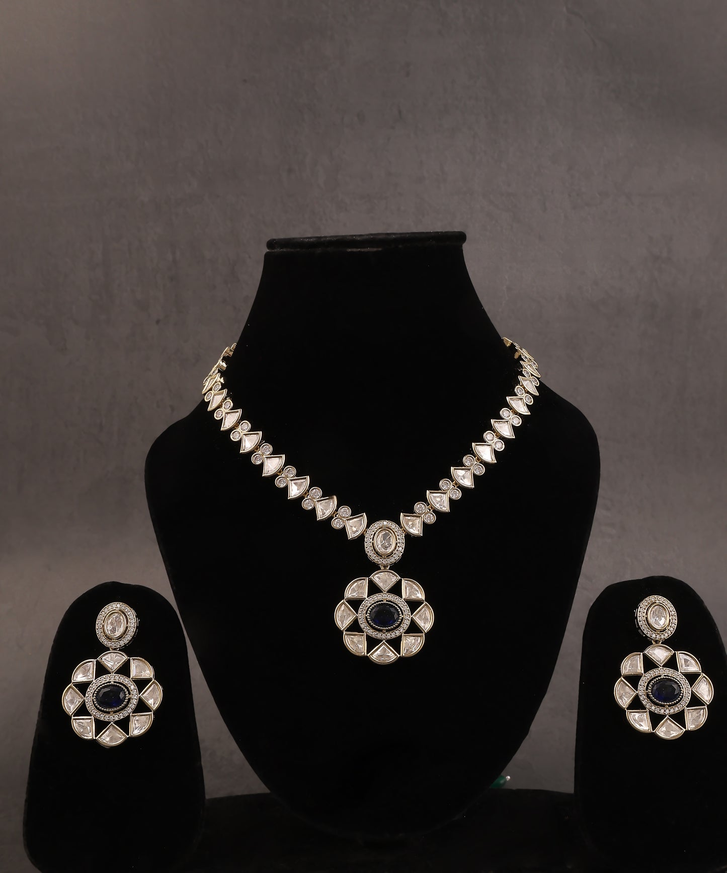 Oxidised Polki And Sapphire Stone Studded Necklace