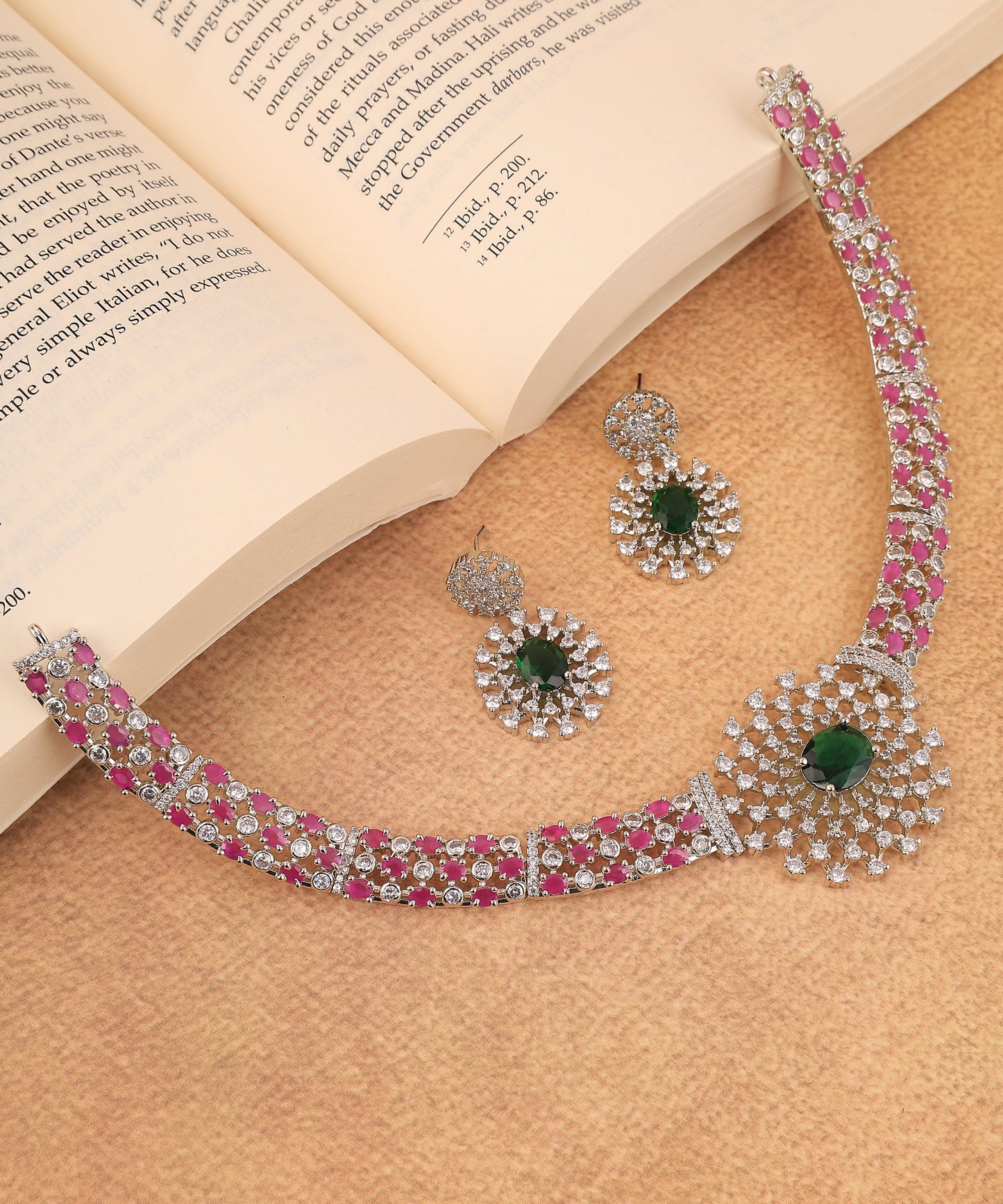 Pink Stones And Emerald Studded Artificial Diamond Necklace
