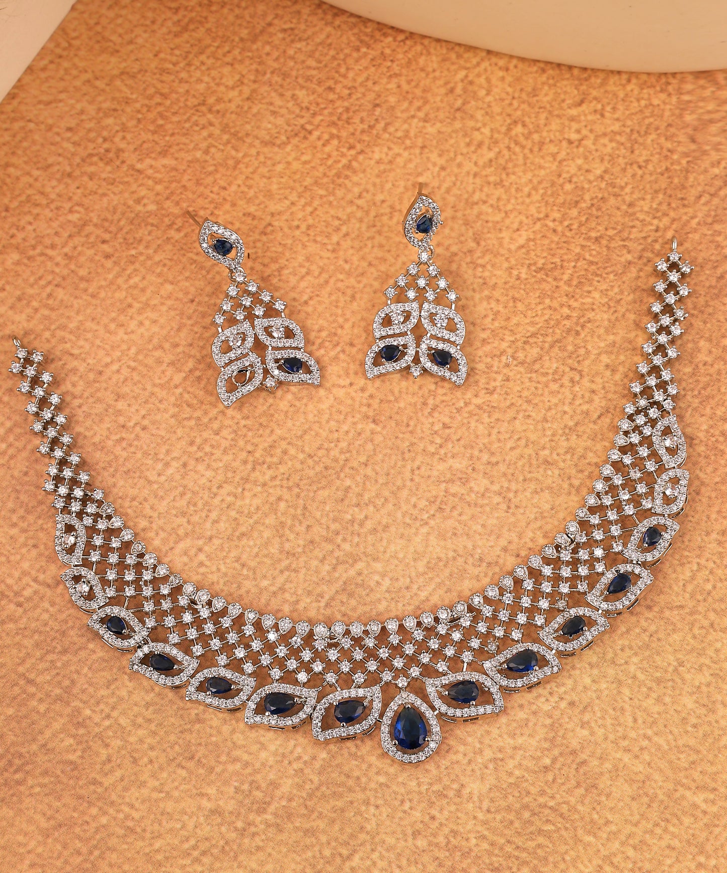 Netted Patterned Sapphire Stone Studded Artificial Diamond Necklace