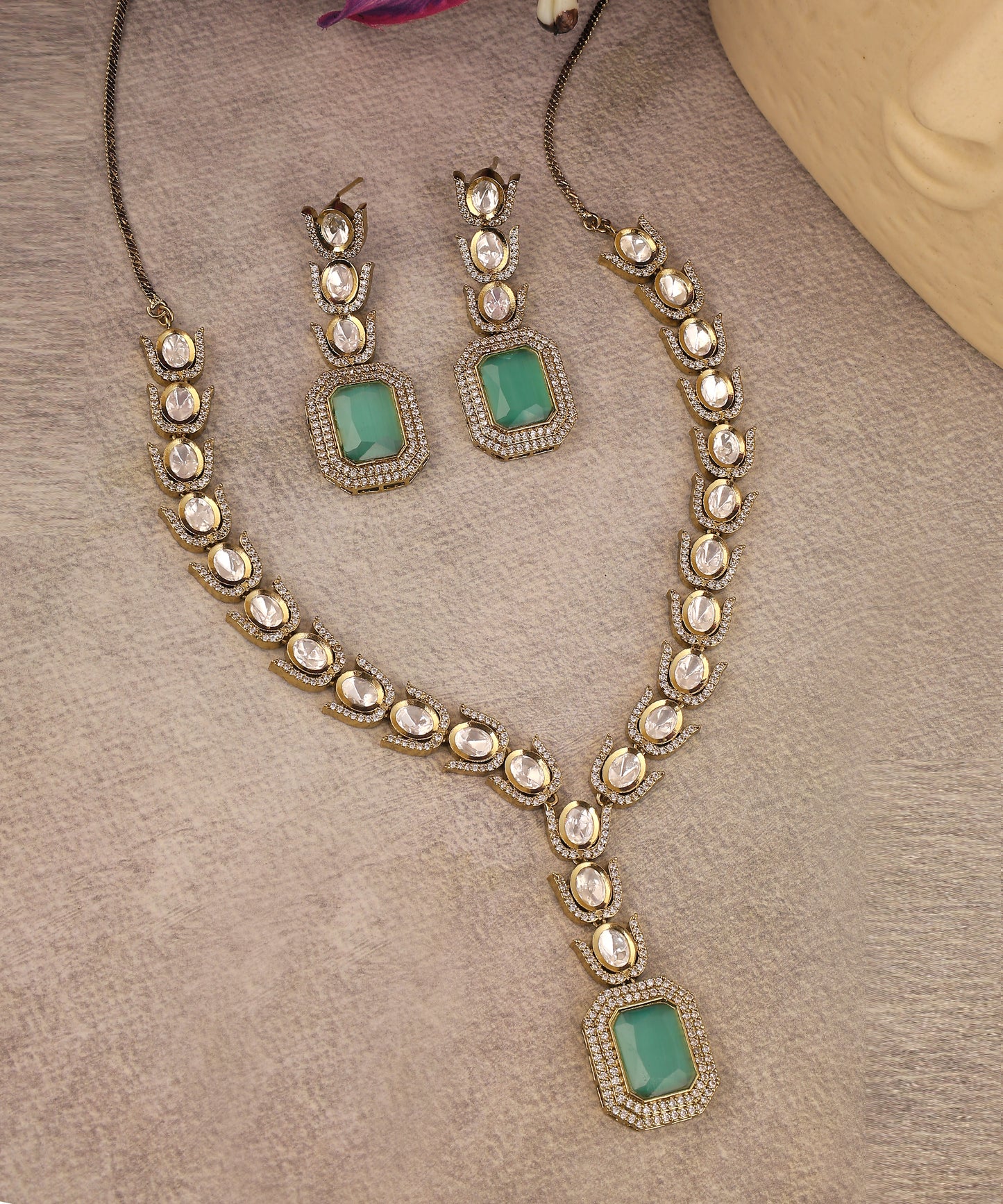 Myra Necklace Featuring Polki Stones And Teal Drop