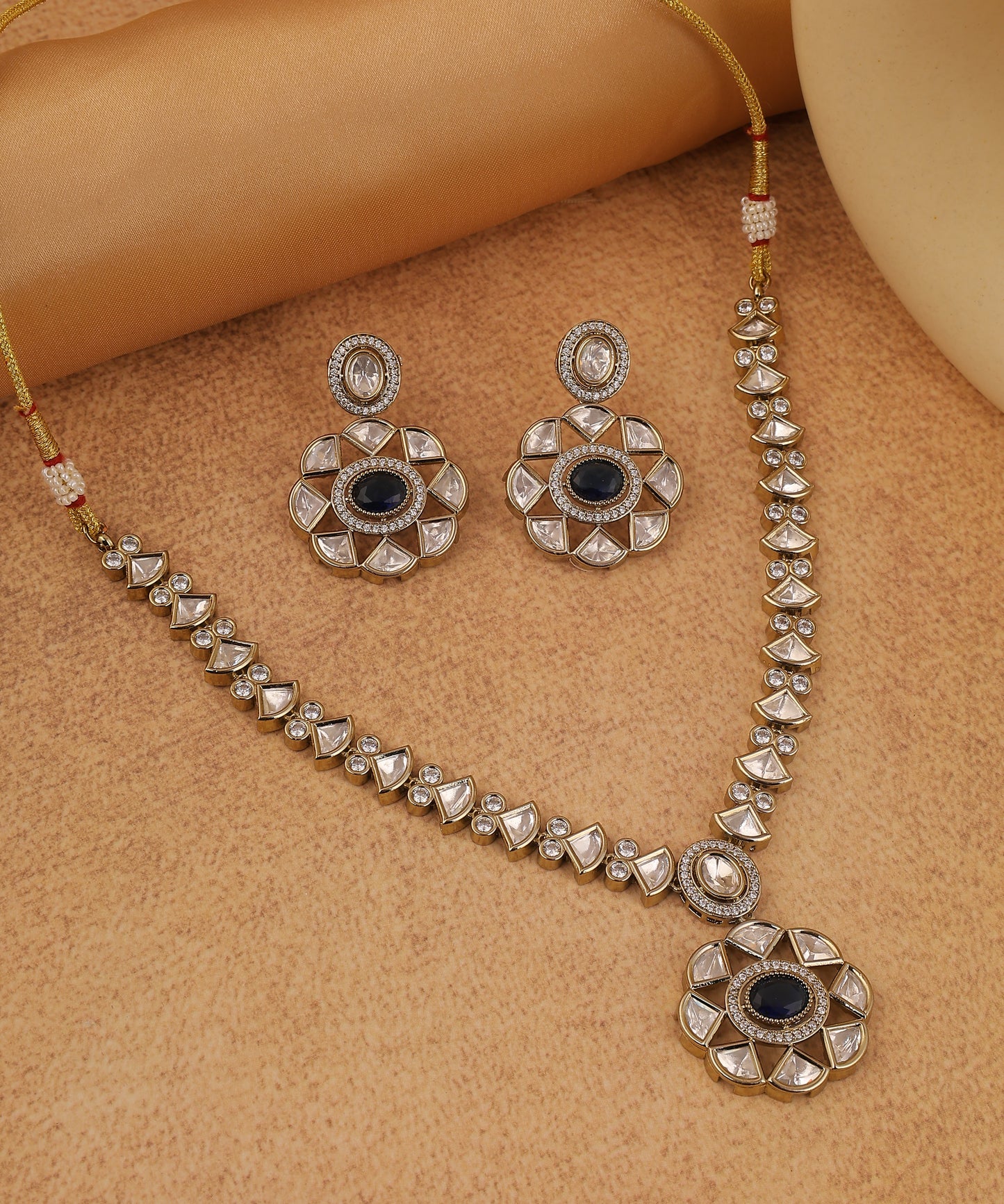 Oxidised Polki And Sapphire Stone Studded Necklace