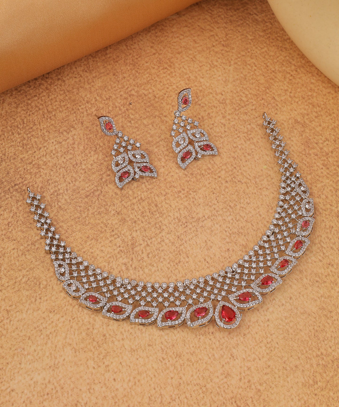 Netted Patterned Ruby Stone Studded Artificial Diamond Necklace