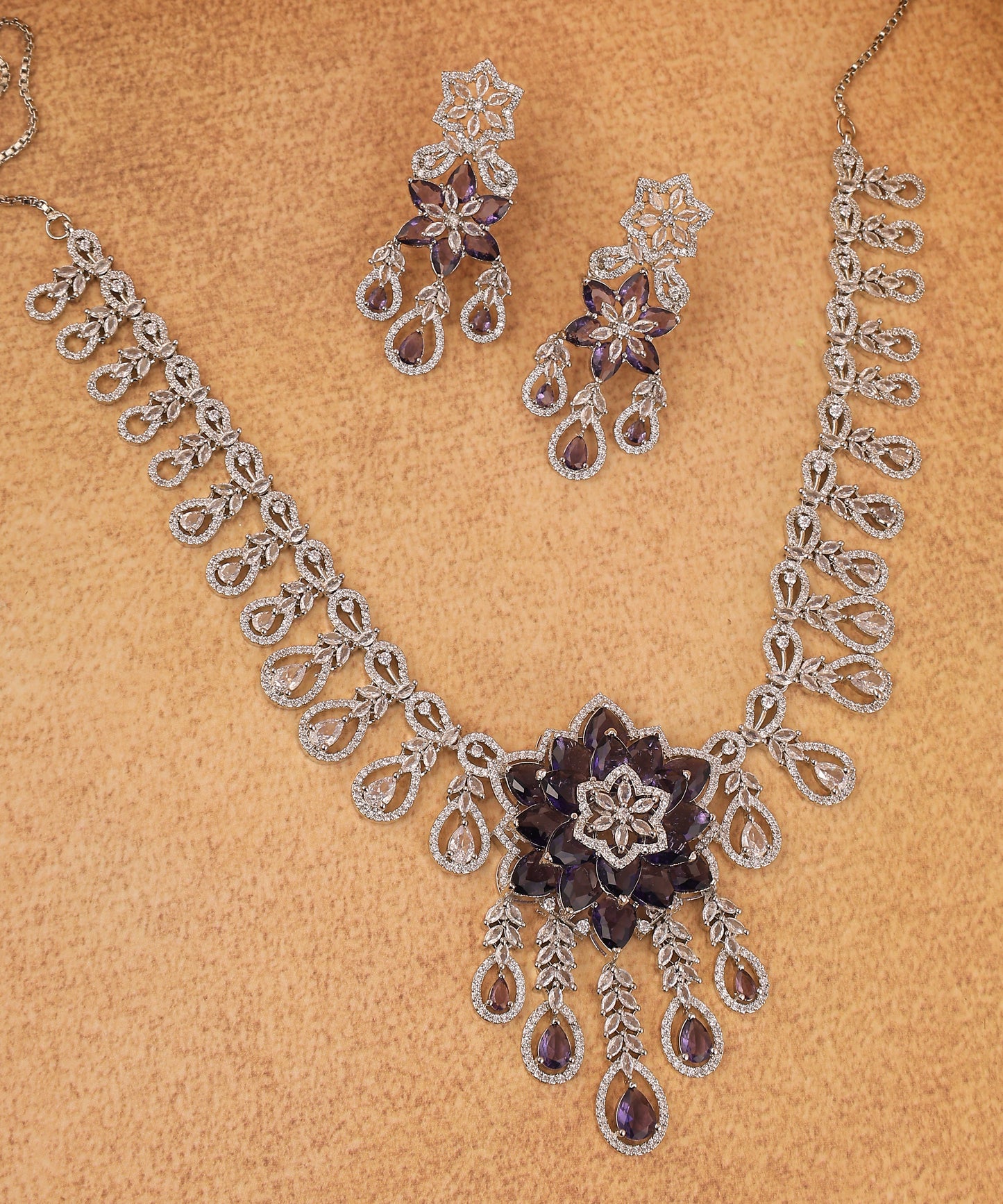 Statement Purple Flower Studded Artificial Diamond Necklace