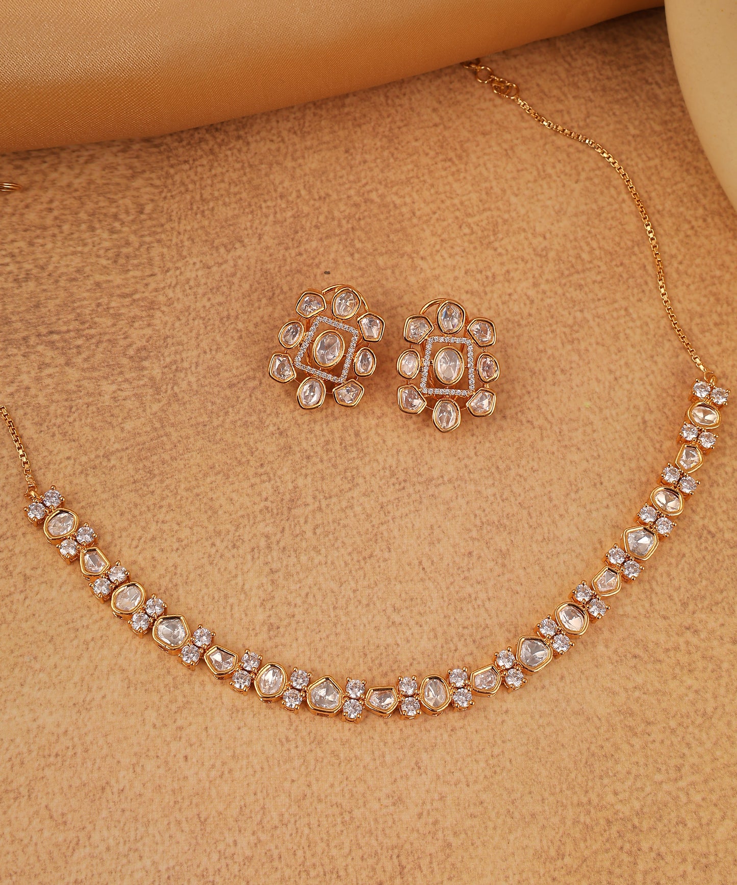 Polki Gold Plated Sleek Necklace With Studs