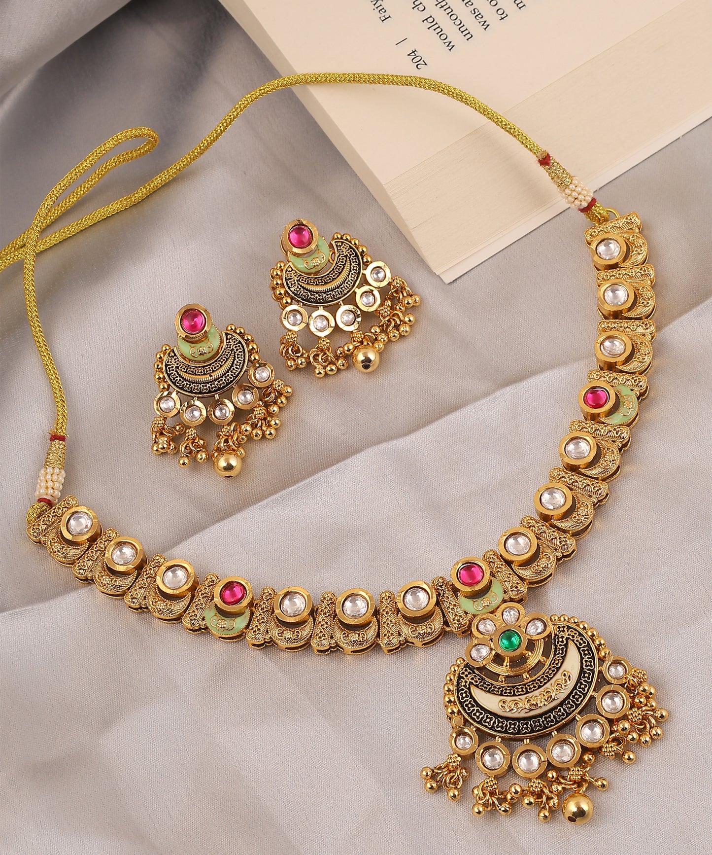Meenal Temple Necklace Featuring Polki And Coloured Stones