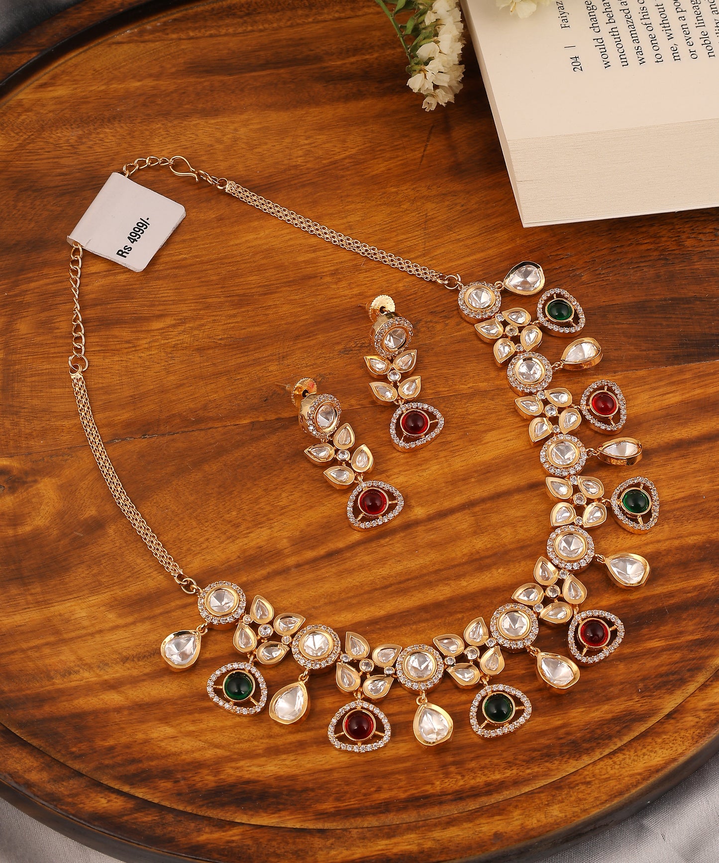 Polki Multicoloured Neckace With Drop Earrings