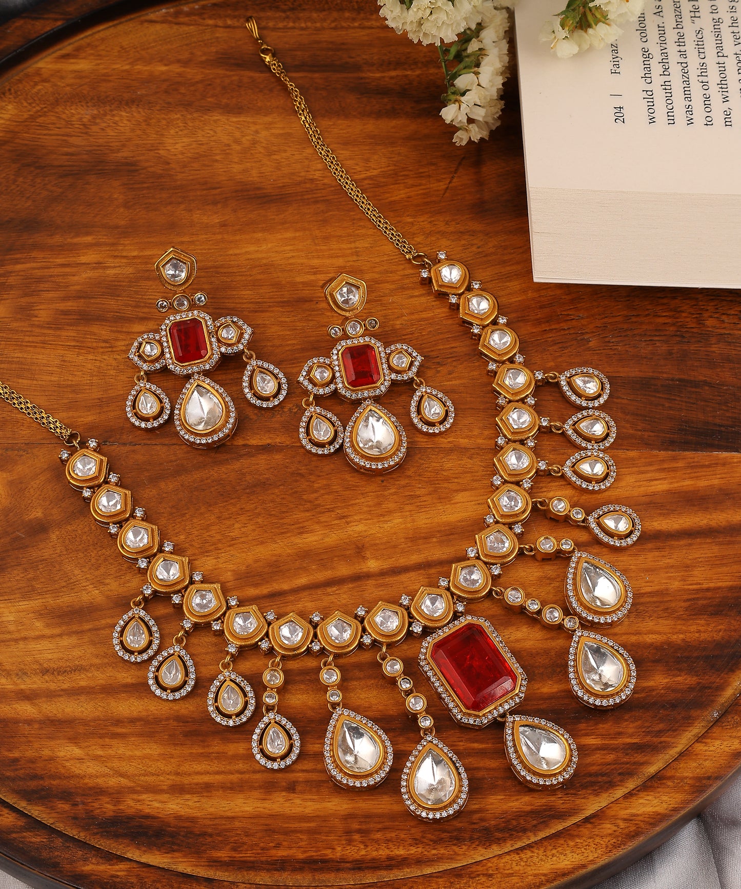 Gulmohar Waterfall Necklace Featuring Ruby Stones And Polki Drops