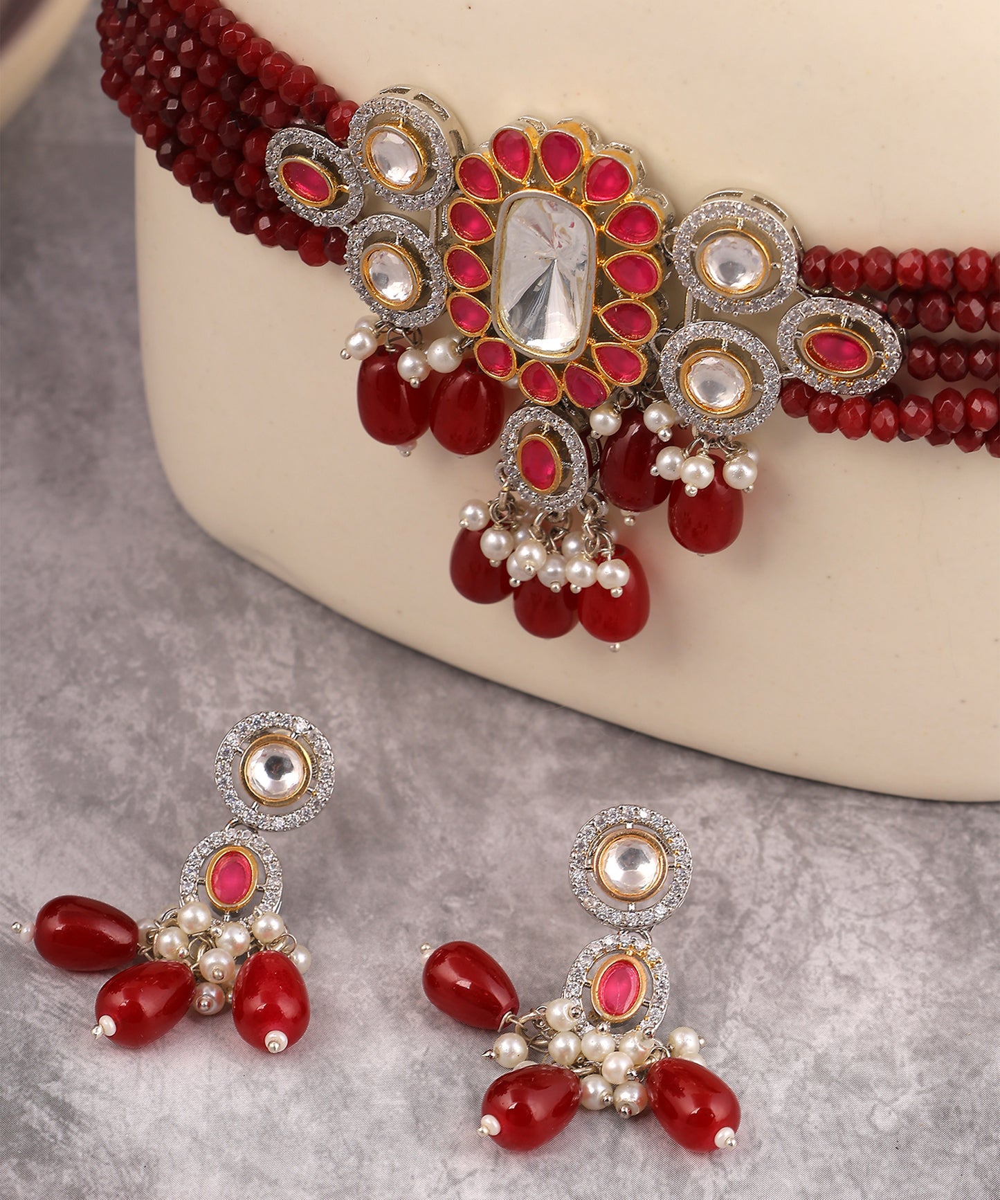 Ruby Beaded Necklace With Polki Centre
