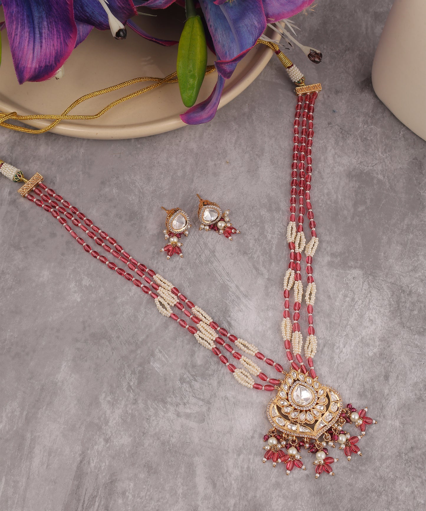 Chandrika Long Necklace Featuring Polki Pendant And Pink And White Stone Beaded Strings