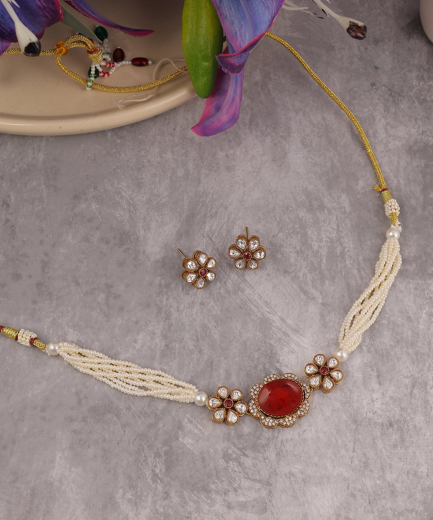 Ruby Flower Choker With Pearl Strings