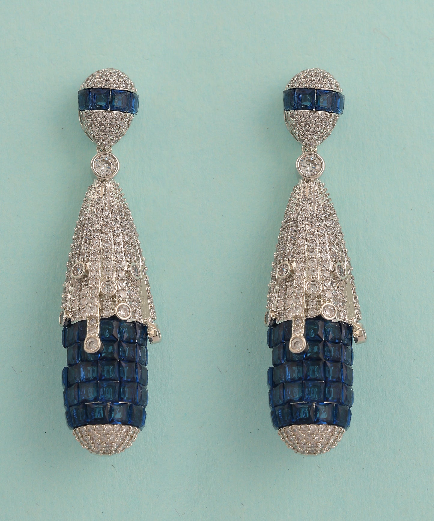 Nano Stones Studded Silver And Blue Artificial Diamond Earrings